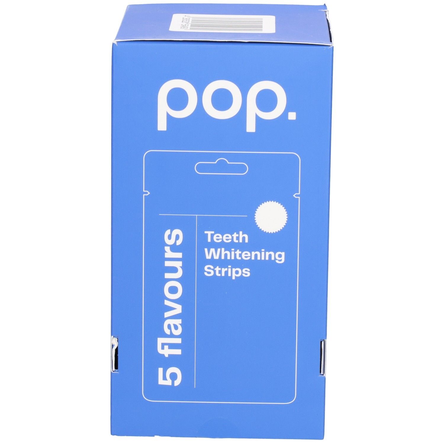 Boîte bleue avec logo pop et 5 saveurs. Contient des bandes blanchissantes. Code-barres et informations produit.