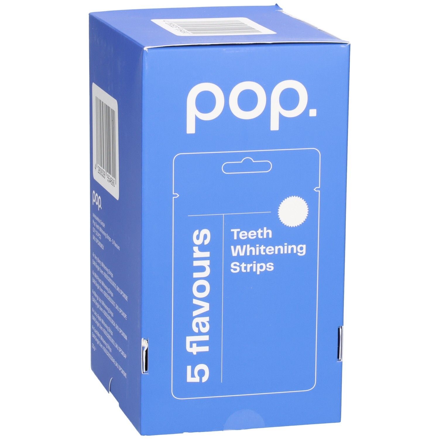 Boîte bleue avec logo pop et 5 saveurs. Contient des bandes blanchissantes. Code-barres et informations produit.