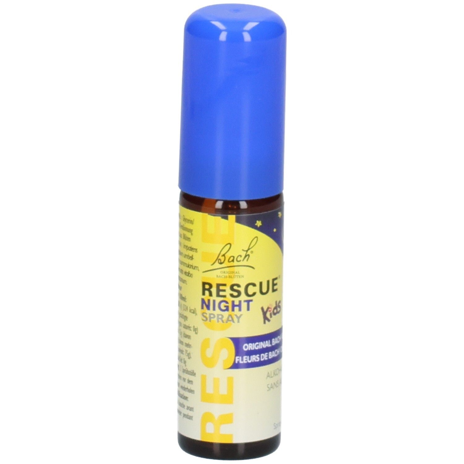 RESCUE NIGHT SPRAY Kids Flasche mit blauem Sprühkopf. Gelbes Etikett mit Mond und Sternen.
