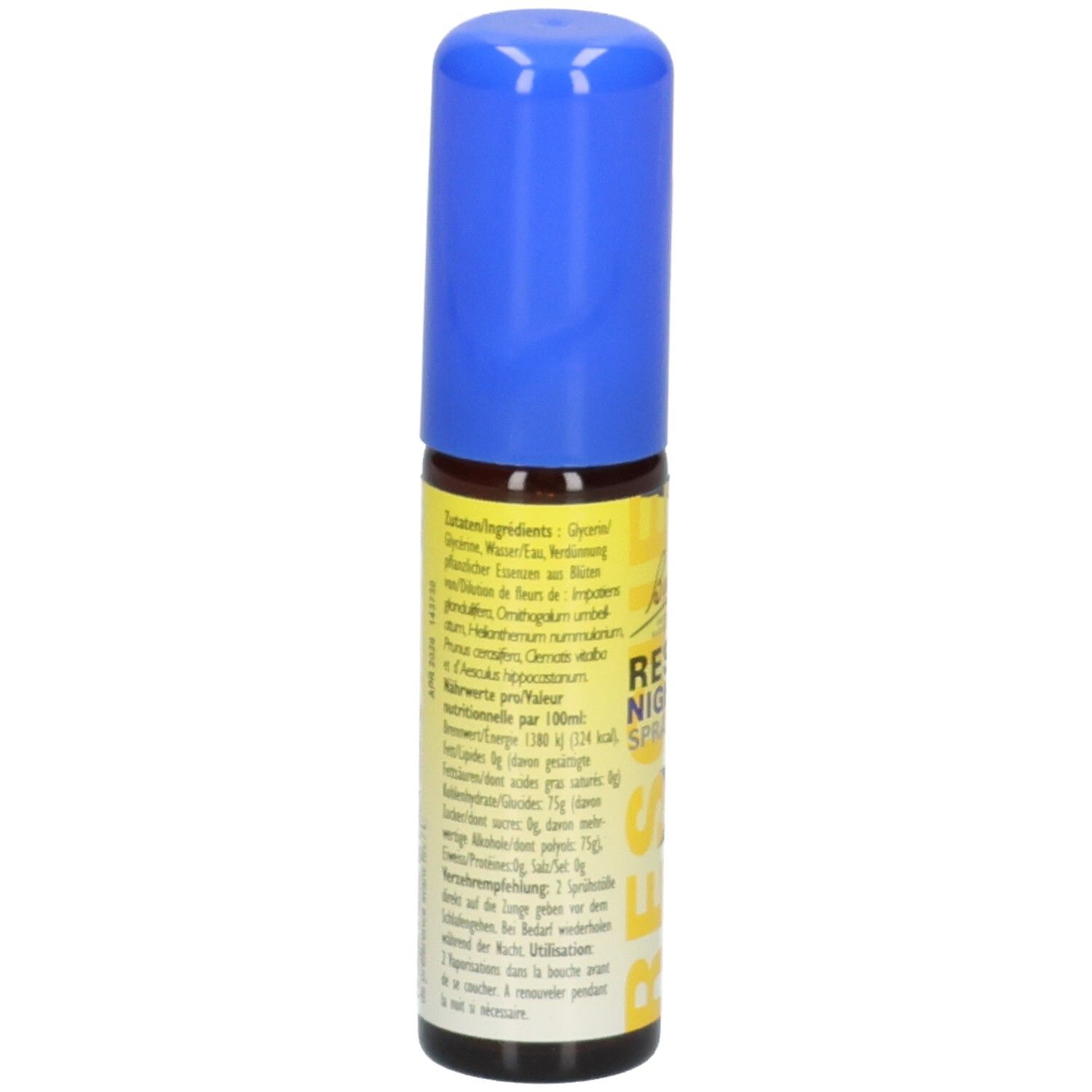 Rückseite der RESCUE NIGHT SPRAY Kids Flasche mit Inhaltsstoffen und Anwendungshinweisen.