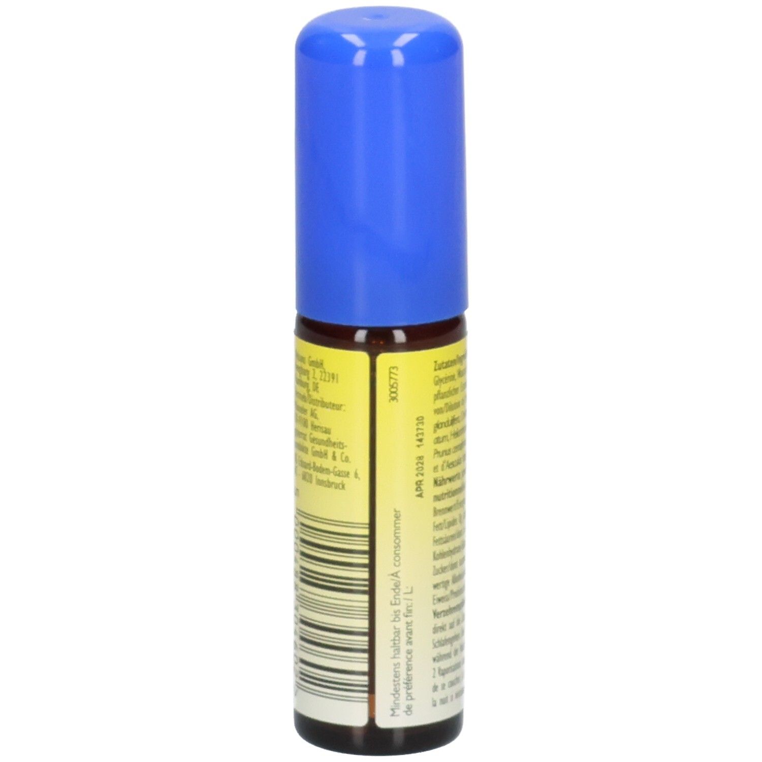 Seite der RESCUE NIGHT SPRAY Kids Flasche mit Barcode und Herstellerinformationen.
