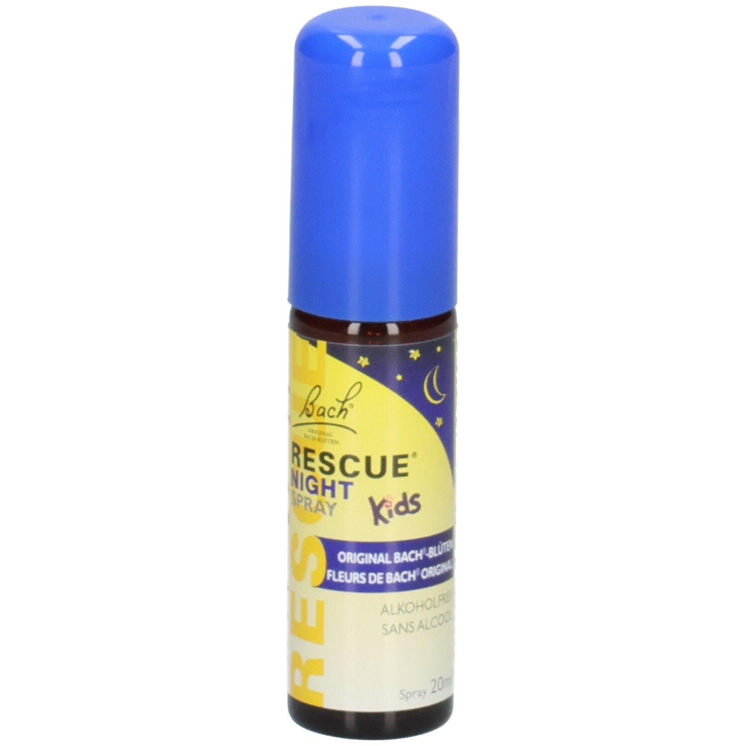 RESCUE NIGHT SPRAY Kids Flasche mit blauem Sprühkopf. Etikett zeigt 'Original Bach-Blüten'.