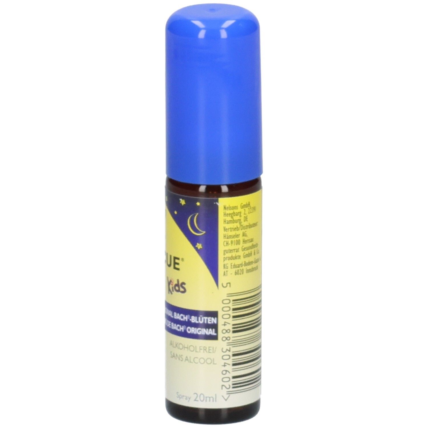 RESCUE NIGHT SPRAY Kids Flasche mit blauem Sprühkopf. Rückseite mit Barcode und Produktinfos.