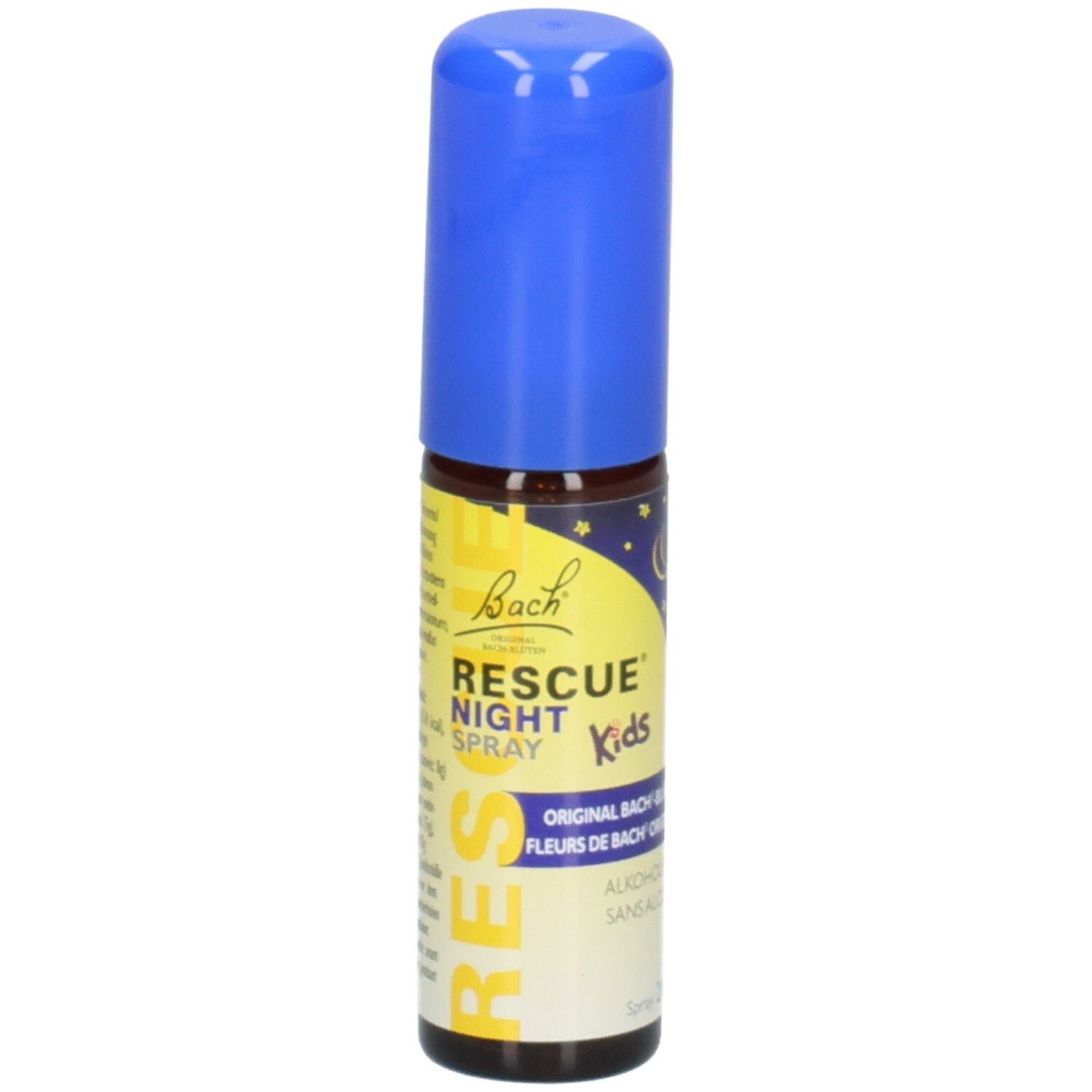 RESCUE NIGHT SPRAY Kids Flasche mit blauem Sprühkopf. Etikett mit Mond und Sternen.