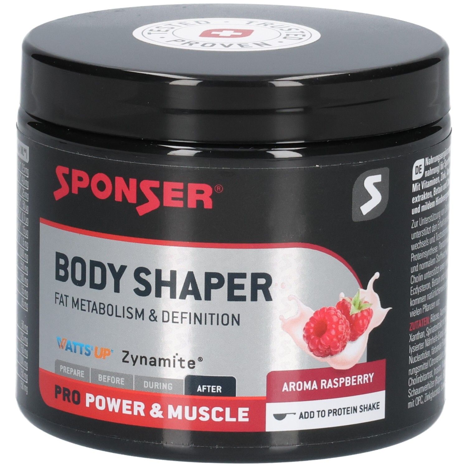 SPONSER Body Shaper-Behälter mit roter Aufschrift und Himbeer-Aroma. Schweizer Kreuz-Logo.