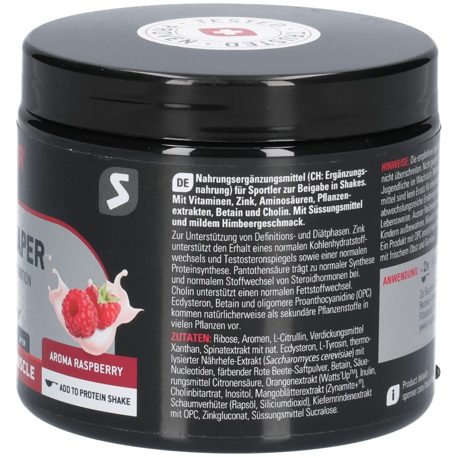 Rückseite des SPONSER Body Shaper-Behälters mit Zutatenliste und Anwendungshinweisen. Himbeer-Aroma.