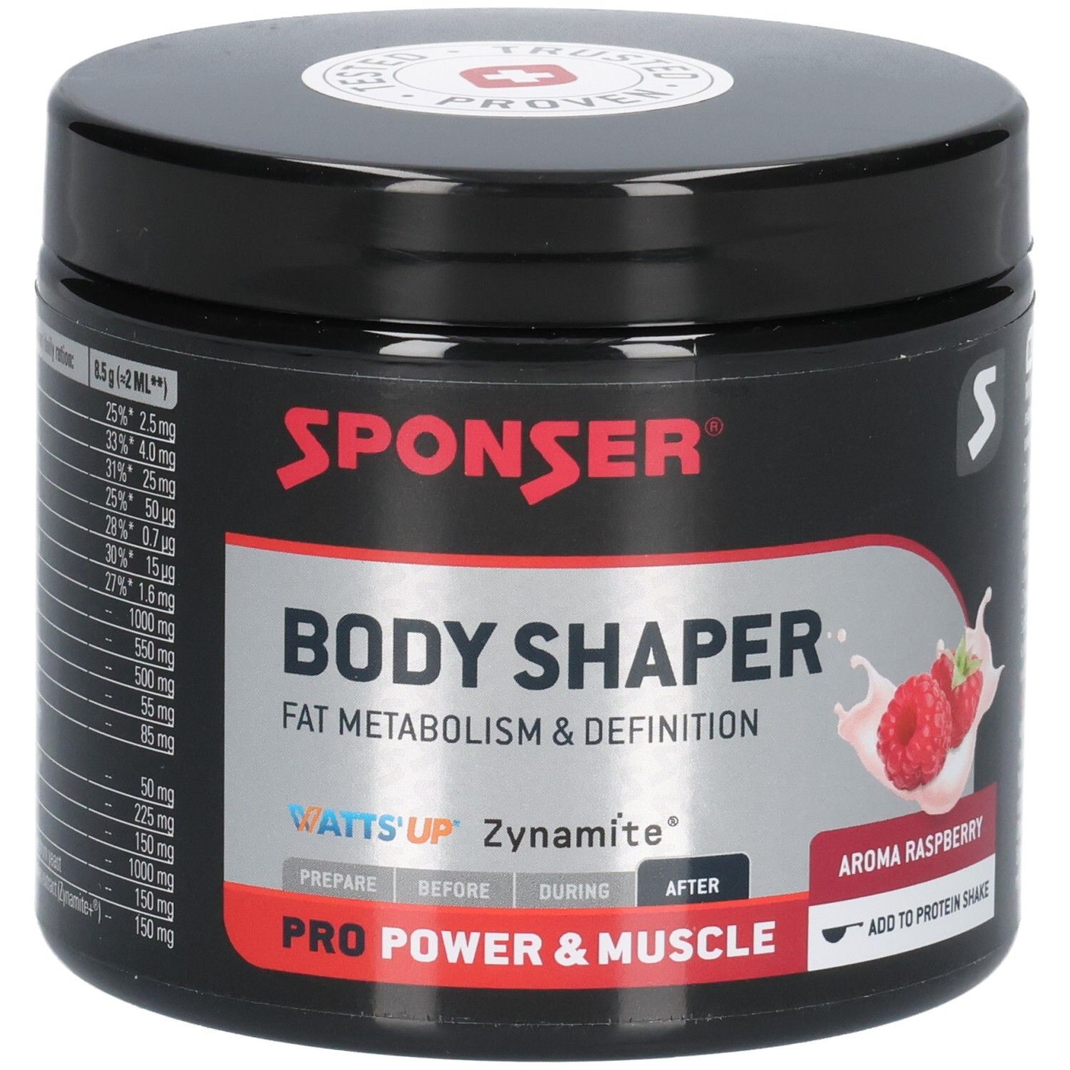 SPONSER Body Shaper-Behälter mit roter Aufschrift und Himbeer-Aroma. Schweizer Kreuz-Logo.