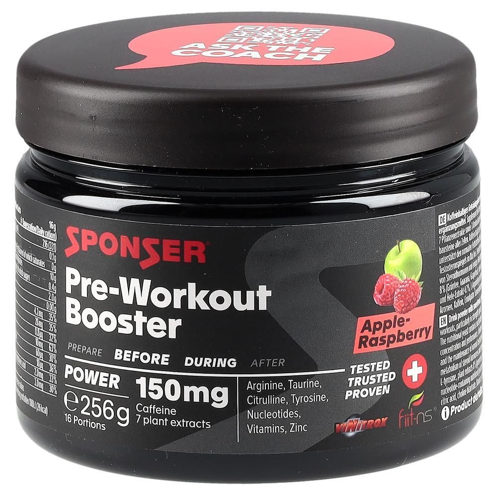Schwarze Dose mit SPONSER Pre-Workout Booster. Aufschrift: Apple-Raspberry, 150mg Koffein, 256g. Mit Apfel-Himbeer-Abbildung.