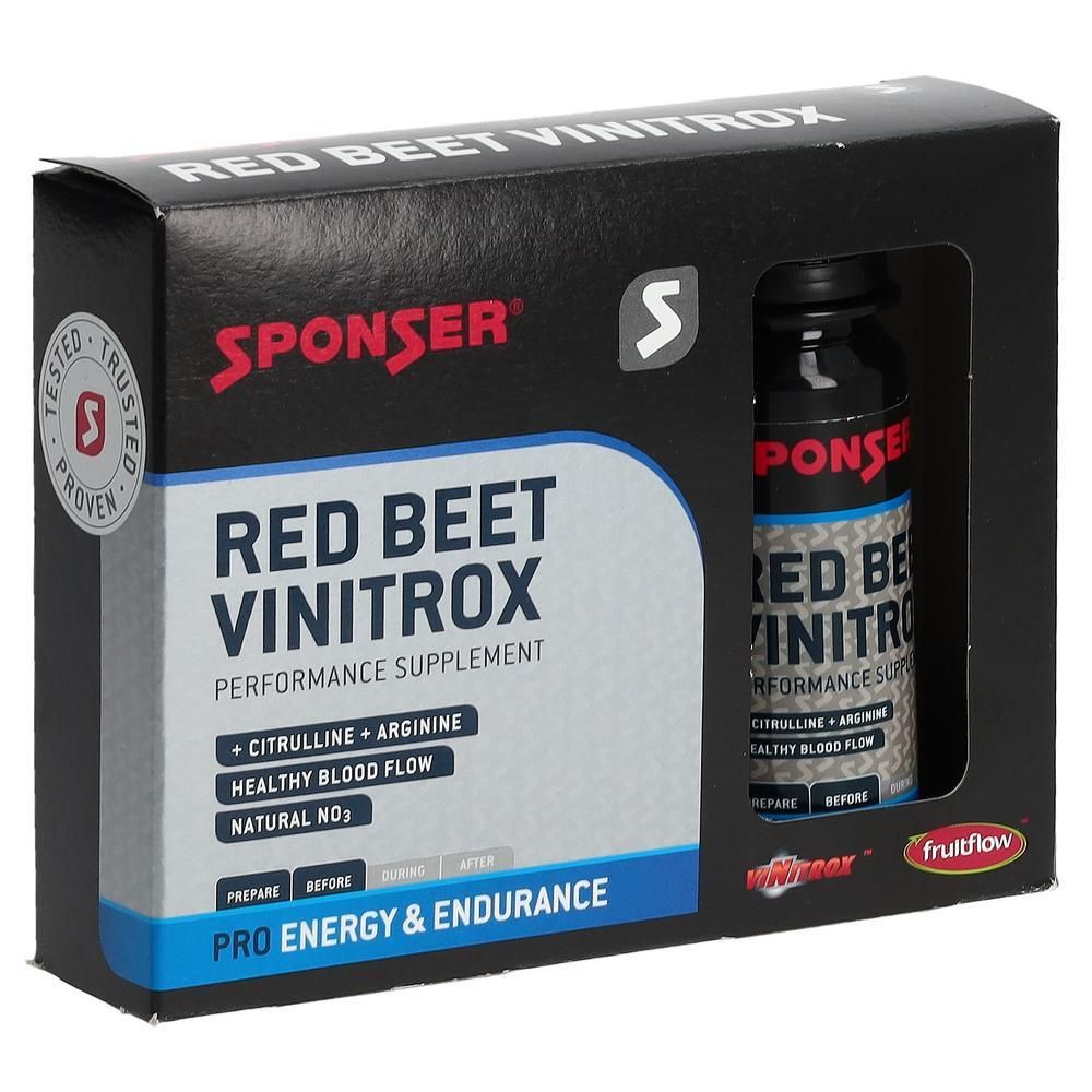 Schwarze Verpackung mit SPONSER-Logo und Produktnamen RED BEET VINITROX. Enthält eine Flasche. Aufdrucke: Citrullin, Arginin, gesunde Durchblutung.