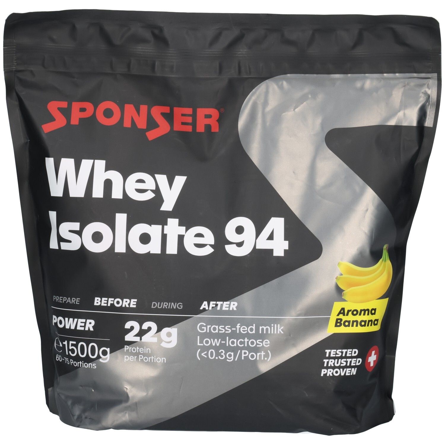 SPONSER Whey Isolate 94 Banana, 1500g Beutel. Enthält 22g Protein pro Portion. Aroma Banane.