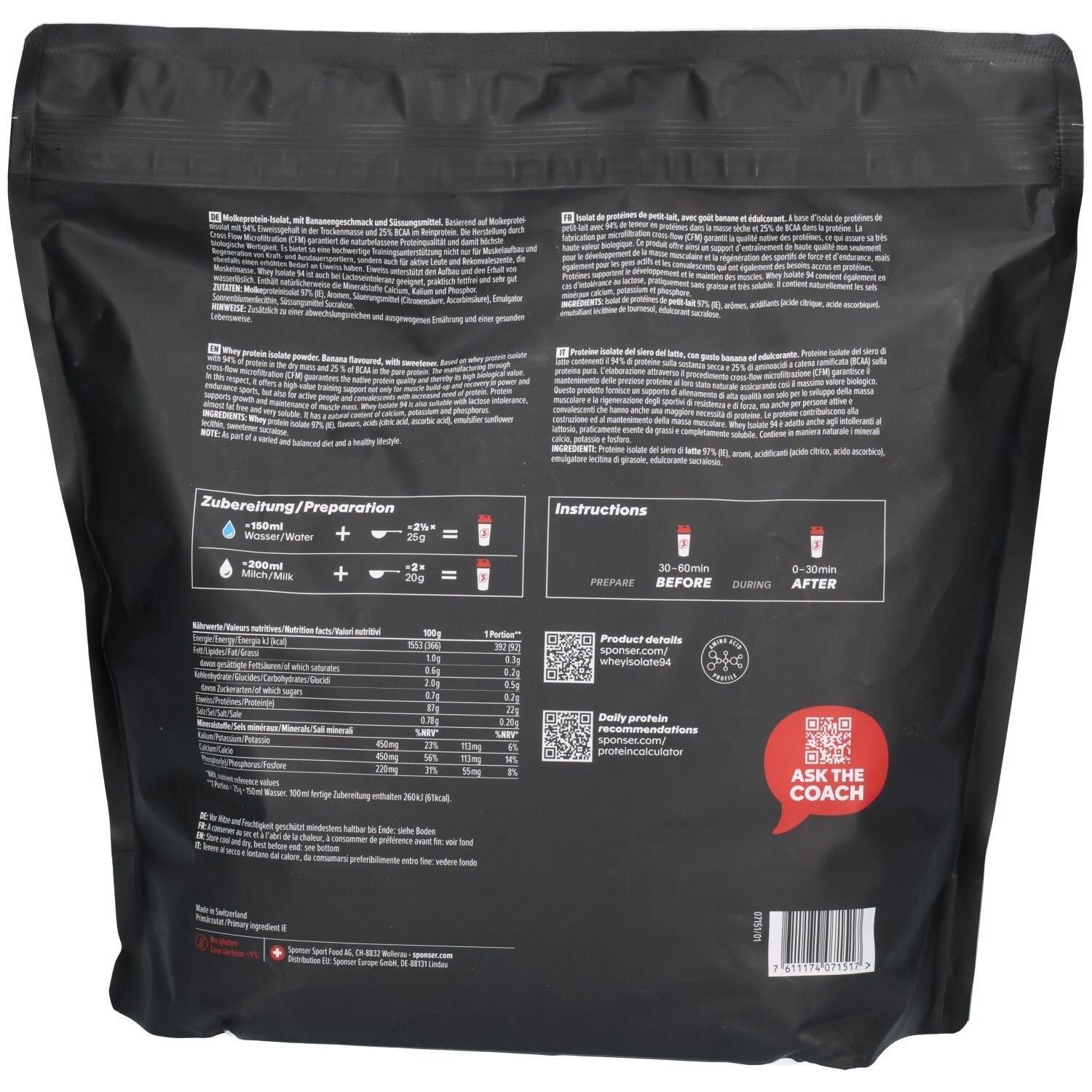 Rückseite SPONSER Whey Isolate 94 Banana Beutel. Enthält Zubereitungshinweise und Nährwertangaben.