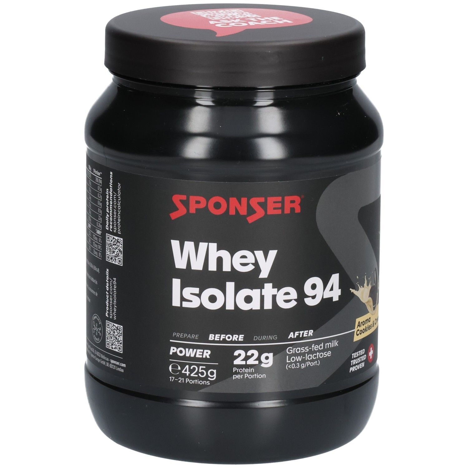 Récipient noir avec SPONSER Whey Isolate 94 Cookies & Cream. 425g. 22g de protéines par portion.