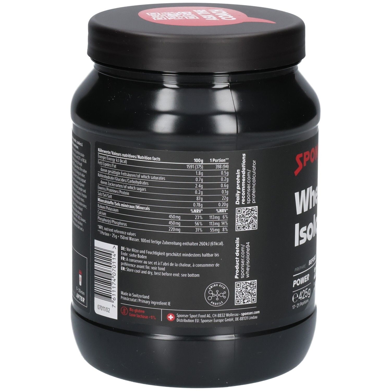 Arrière du récipient SPONSER Whey Isolate 94 avec informations nutritionnelles et instructions. 425g.
