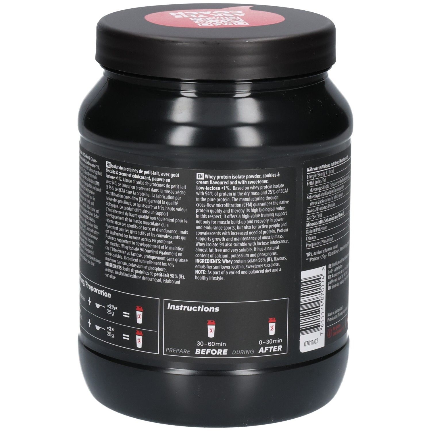 Arrière du récipient SPONSER Whey Isolate 94 avec instructions de préparation et notes. 425g.