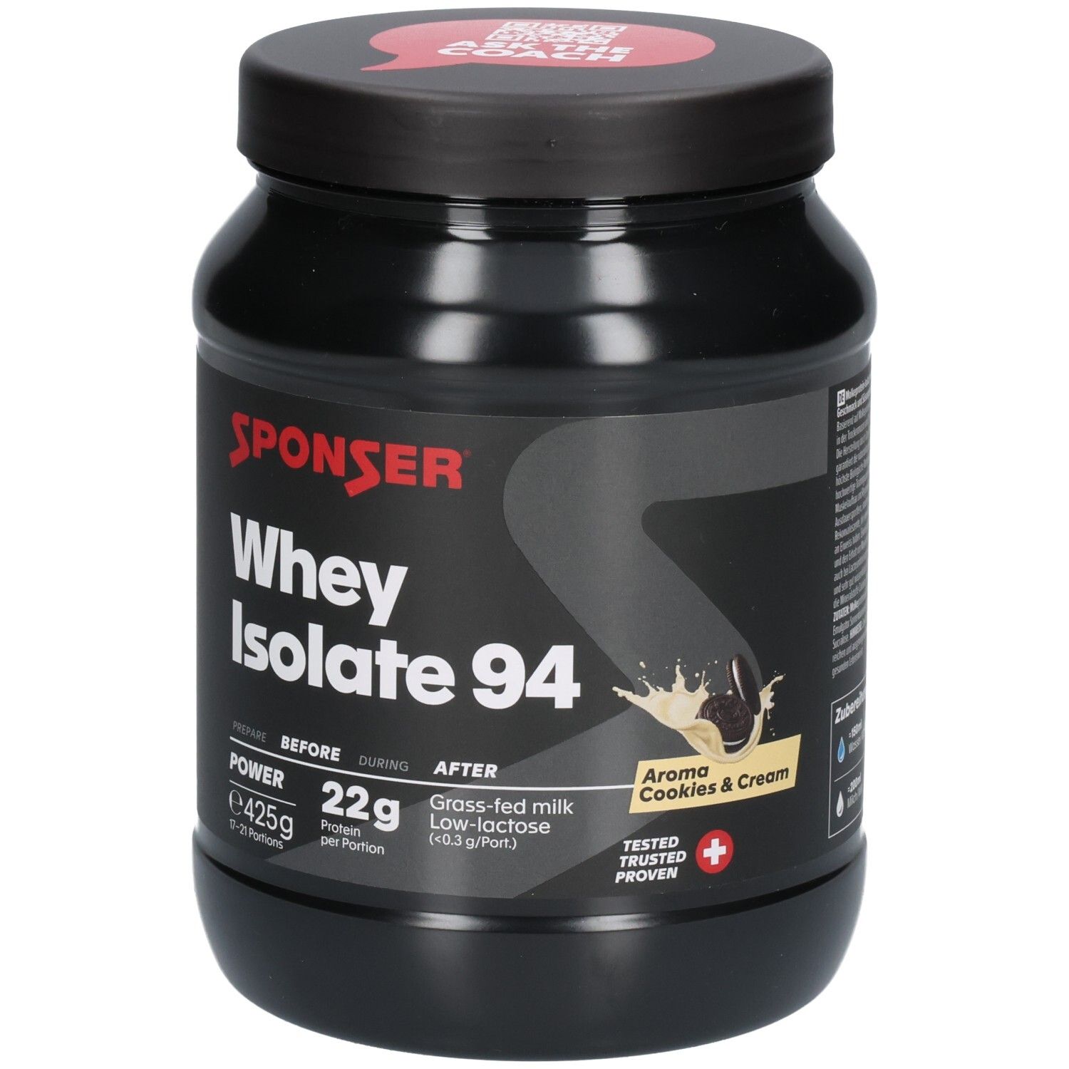 Récipient noir SPONSER Whey Isolate 94 Cookies & Cream. 425g. Mention "Tested Trusted Proven".