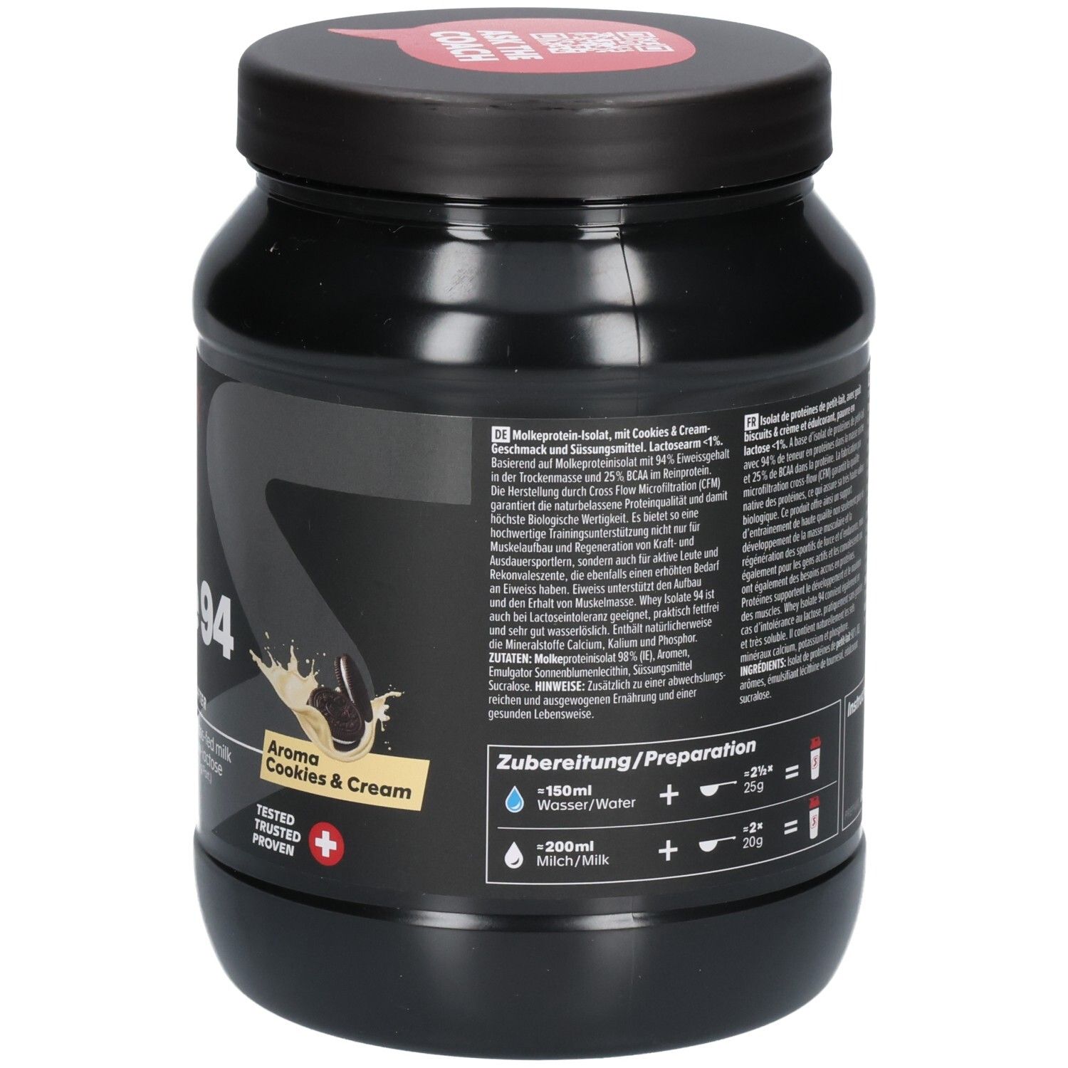Arrière du récipient SPONSER Whey Isolate 94 avec instructions de préparation et informations nutritionnelles. 425g.