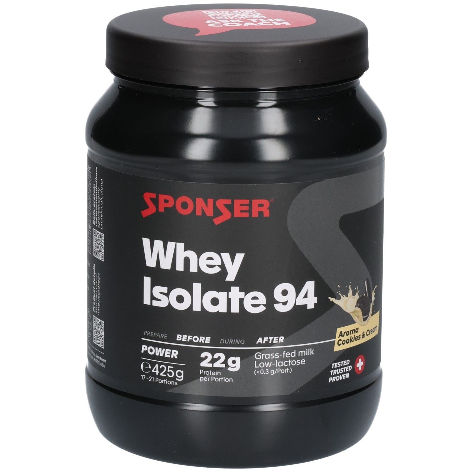 Récipient noir SPONSER Whey Isolate 94 Cookies & Cream. 425g. Mention "Tested Trusted Proven".