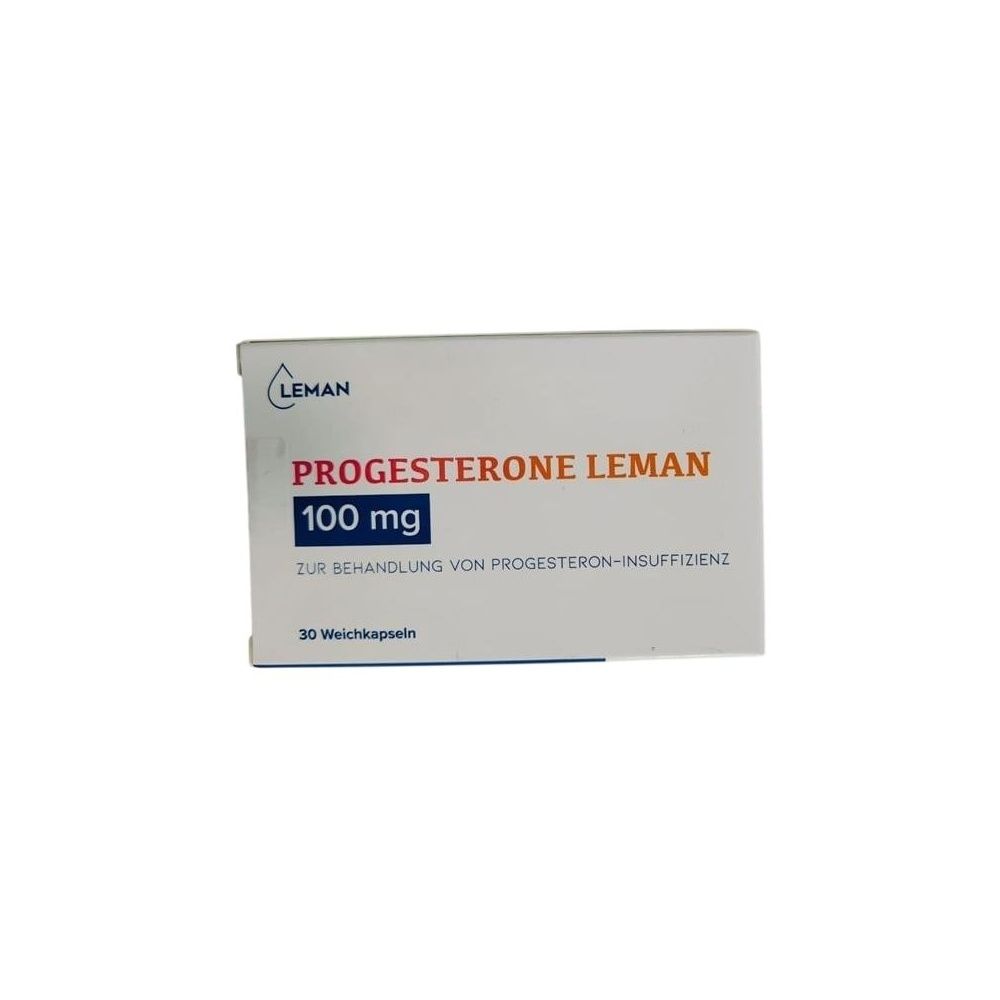 Boîte de Progesterone Leman. Carton blanc avec nom du produit, dosage et logo du fabricant. 30 gélules.