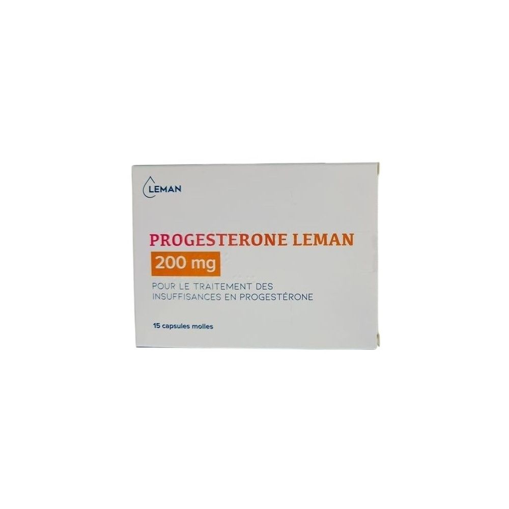 Verpackung von PROGESTERONE Leman. Aufschrift: 200 mg, 15 capsules molles. Logo Leman. Text in Französisch.