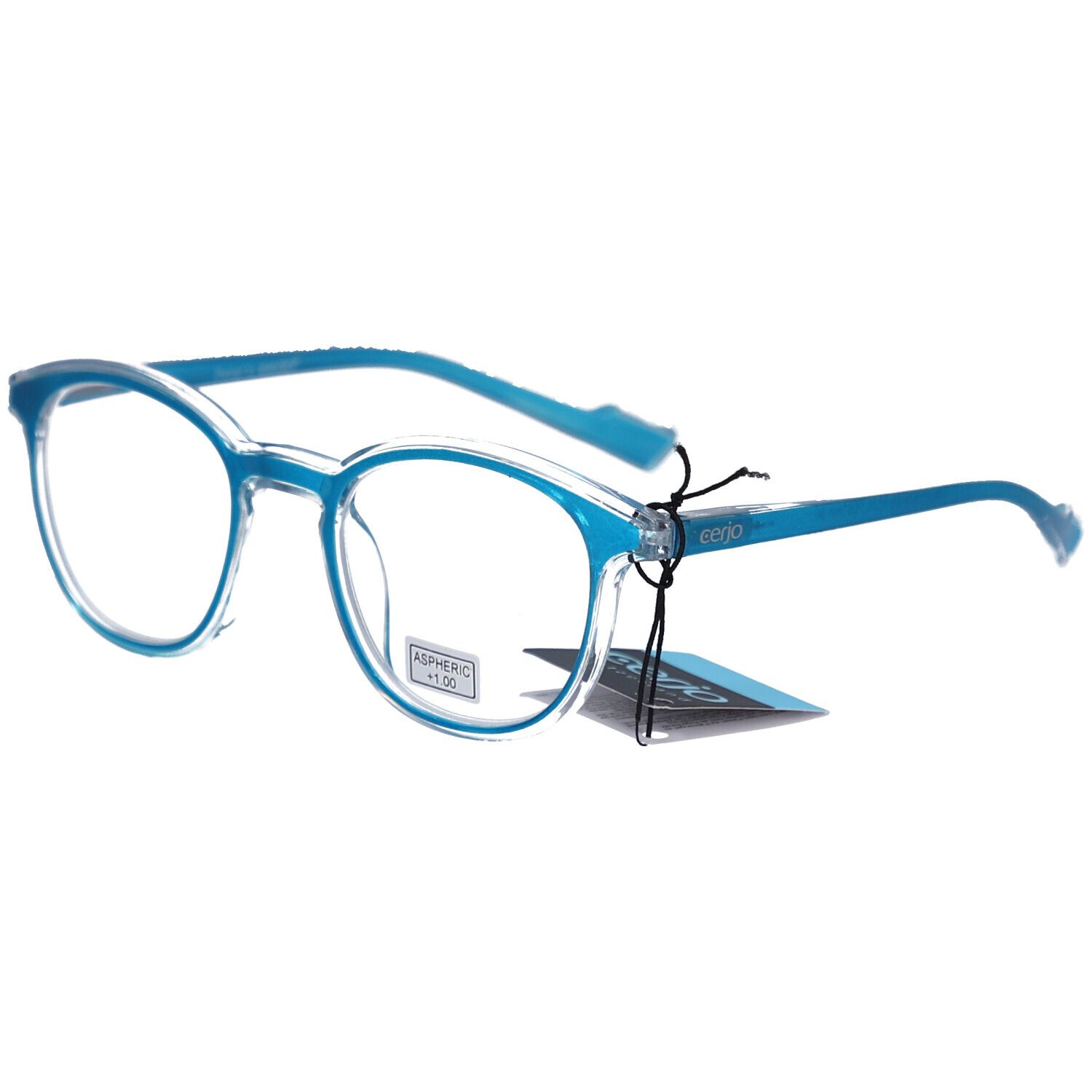 Lunettes bleues, verres ronds. Étiquette "ASPHERIC +1.00".