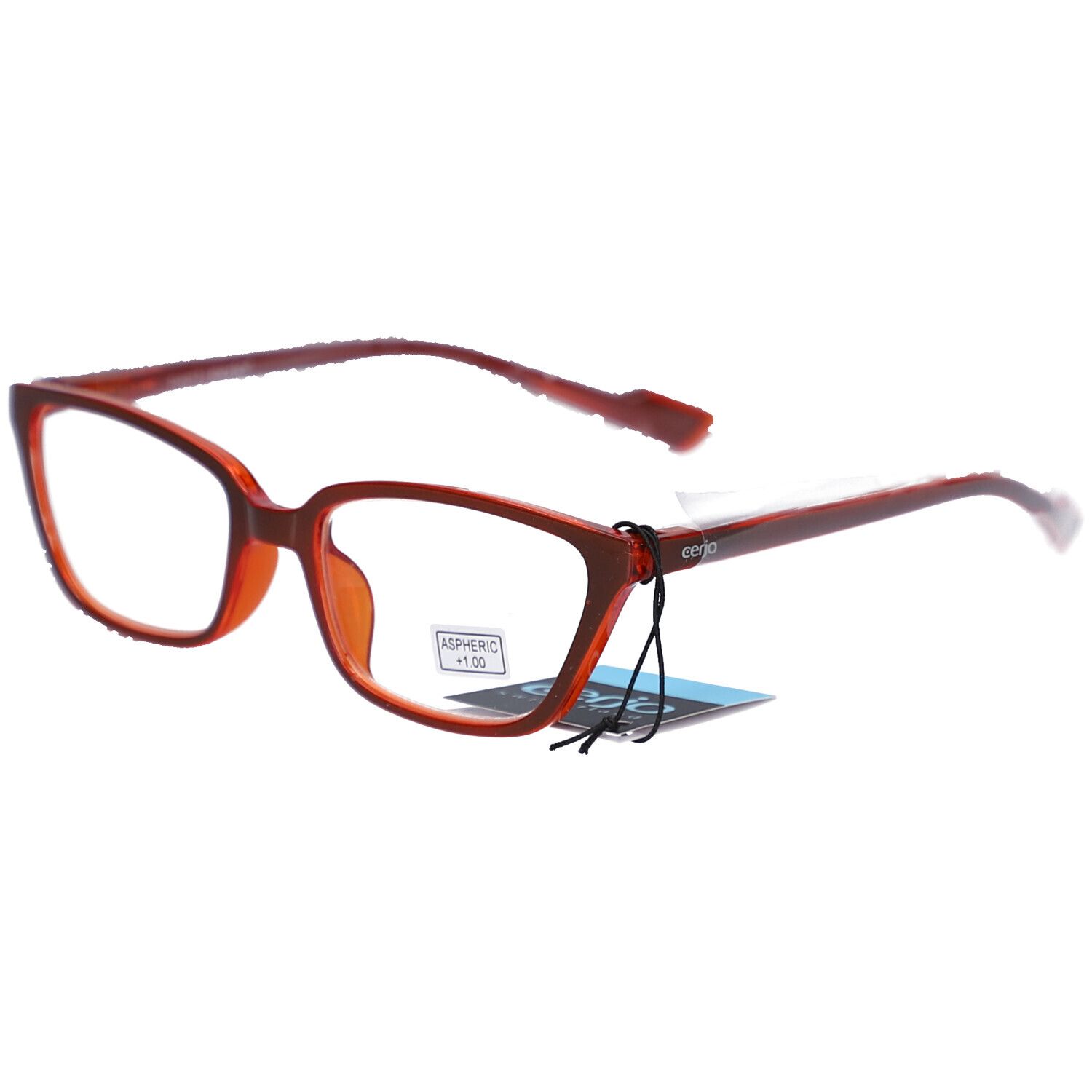 Lunettes de lecture rouges avec verres rectangulaires. Une étiquette avec "ASPHERIC +1.50" est apposée sur une lentille.