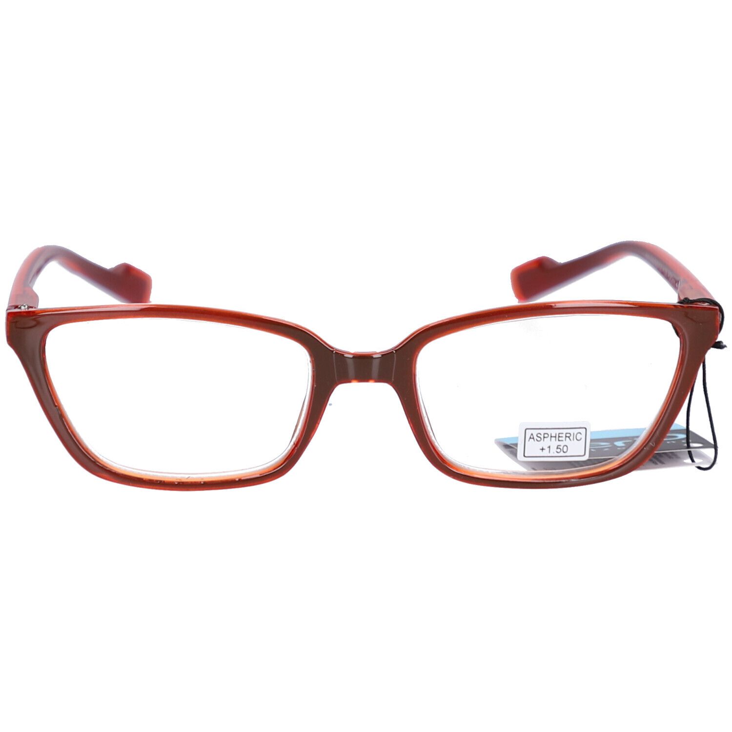 Lunettes à monture marron et verres rectangulaires. "ASPHERIC +1.50" est inscrit sur un verre.