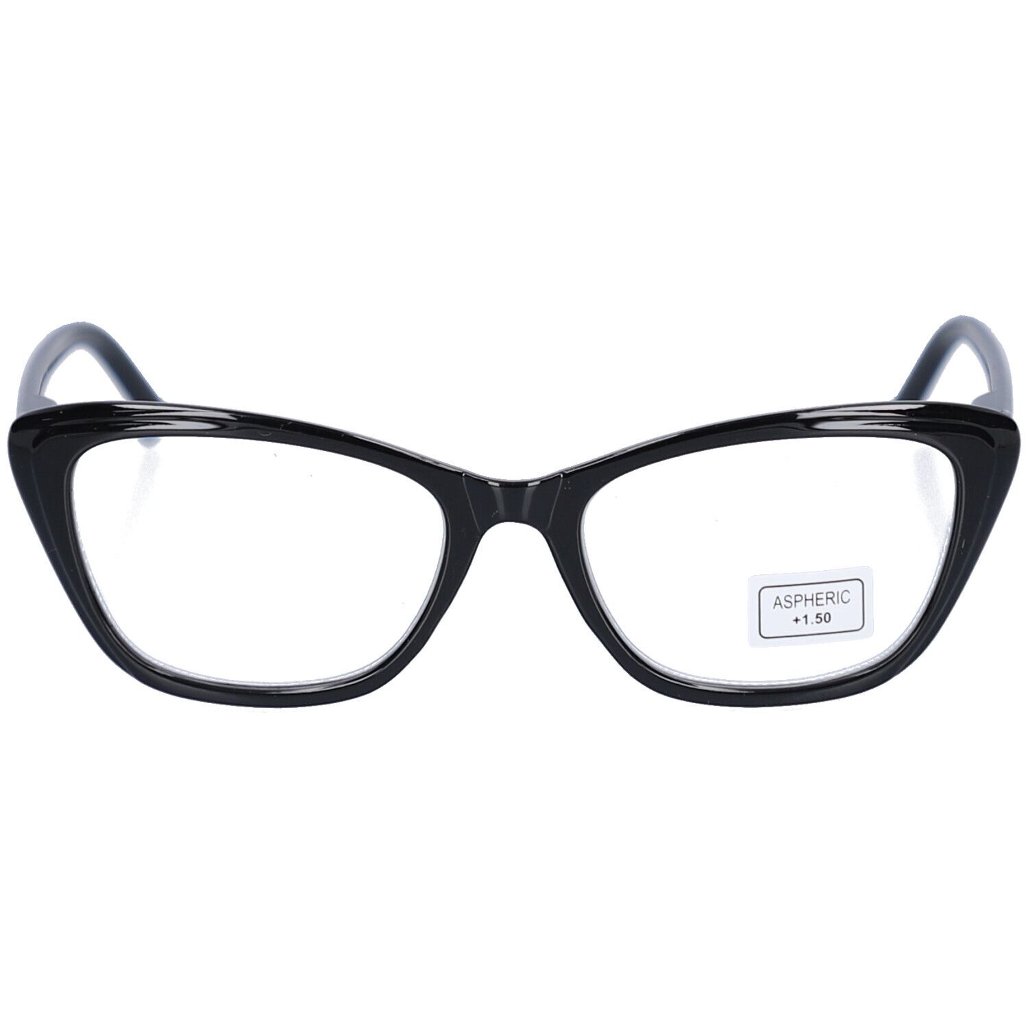 Lunettes de lecture noires, monture œil de chat. Étiquette "Aspheric +1.50" sur verre.