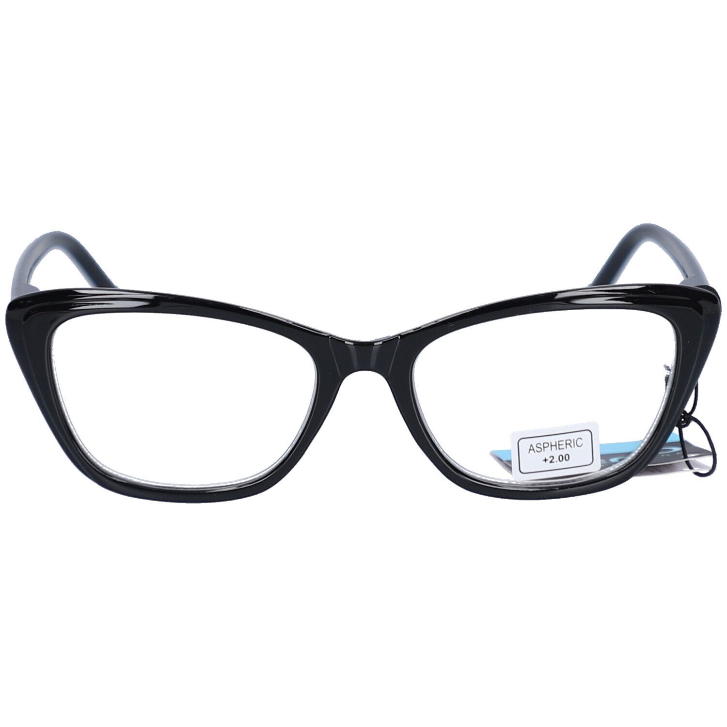Lunettes noires, forme œil de chat. Verres asphériques, +2.00. Étiquette avec informations.