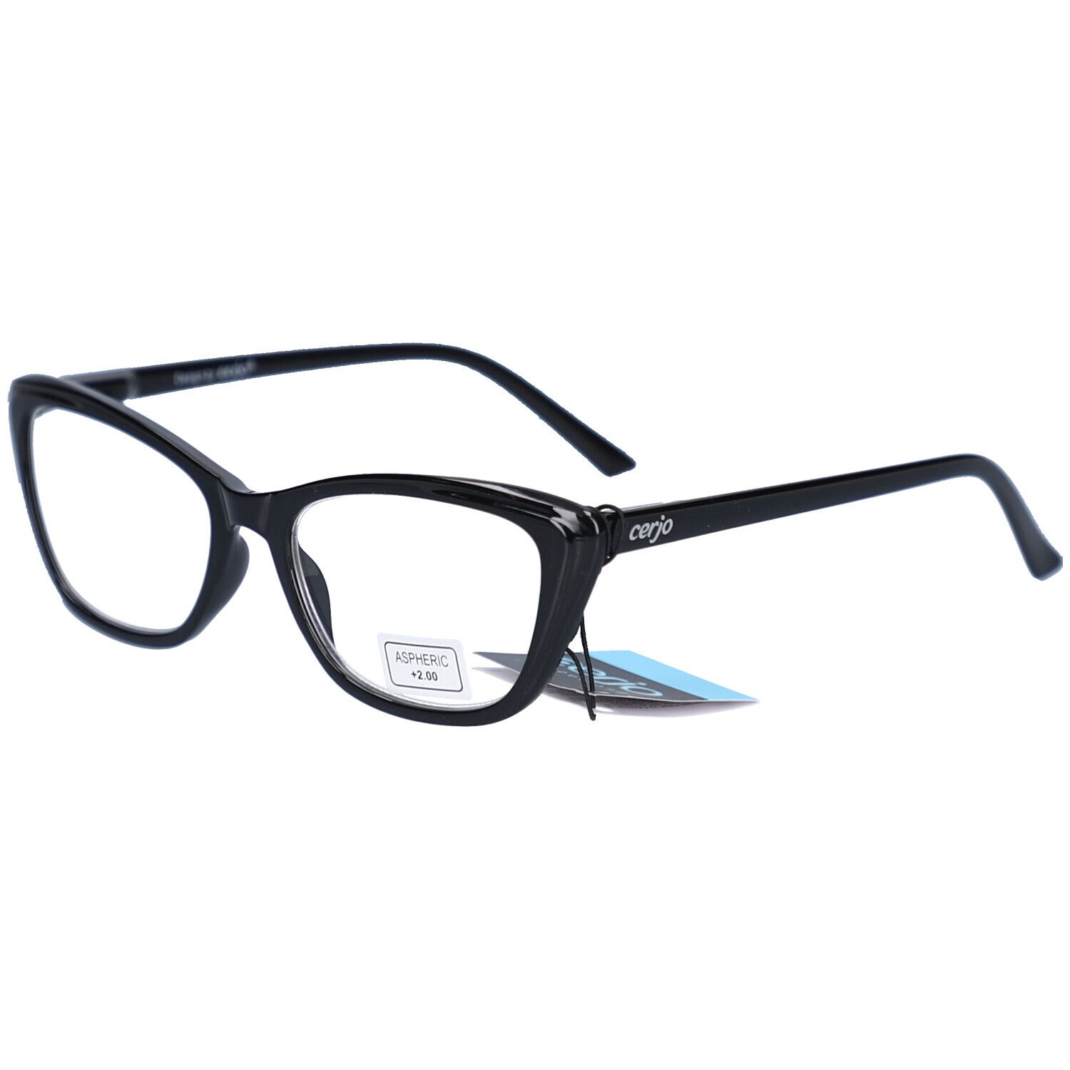 Lunettes noires, vue latérale. Verres asphériques, +2.00. Logo CERJO sur la branche. Étiquette.