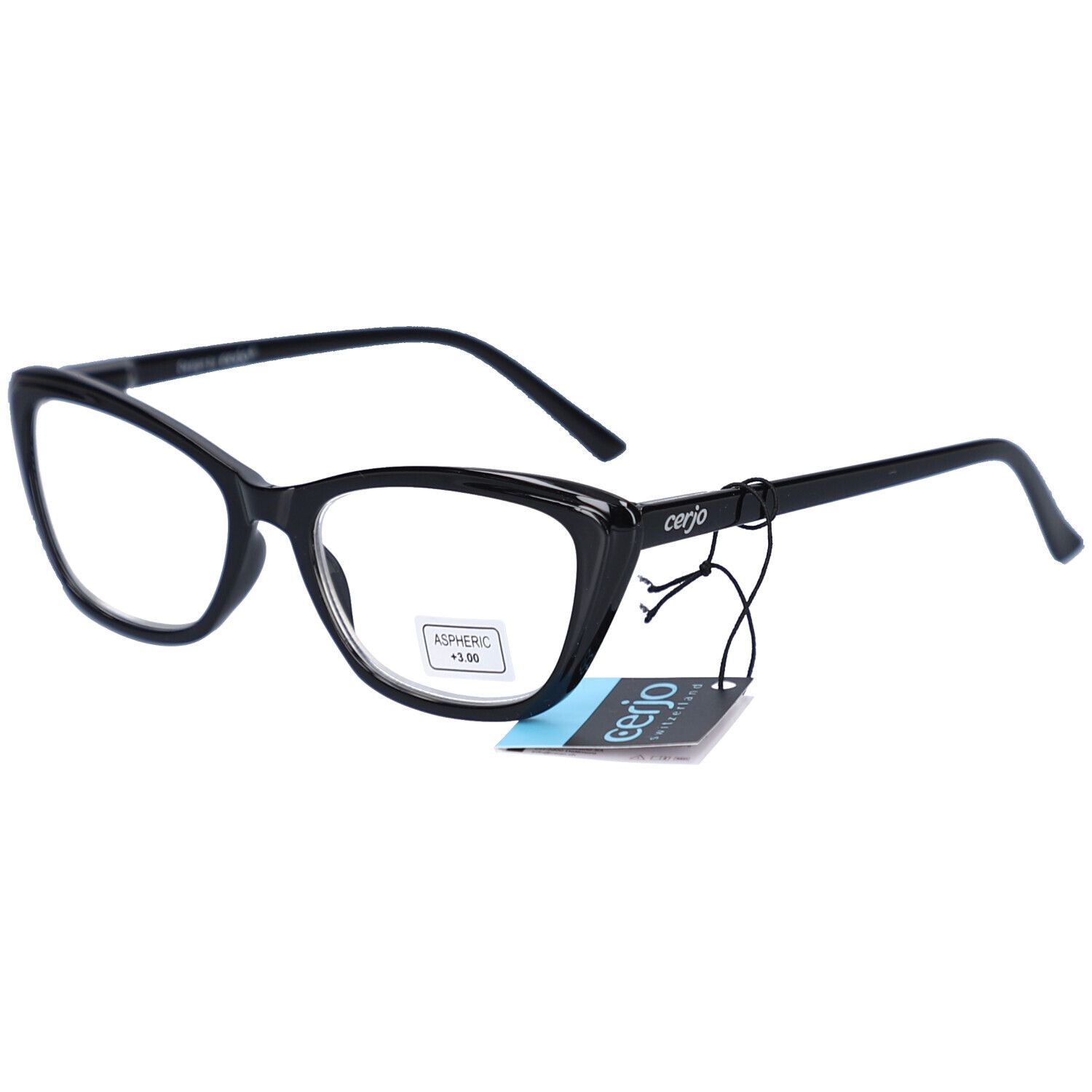 Lunettes de lecture noires avec verres asphériques et étiquette. L'étiquette indique "+3.00".