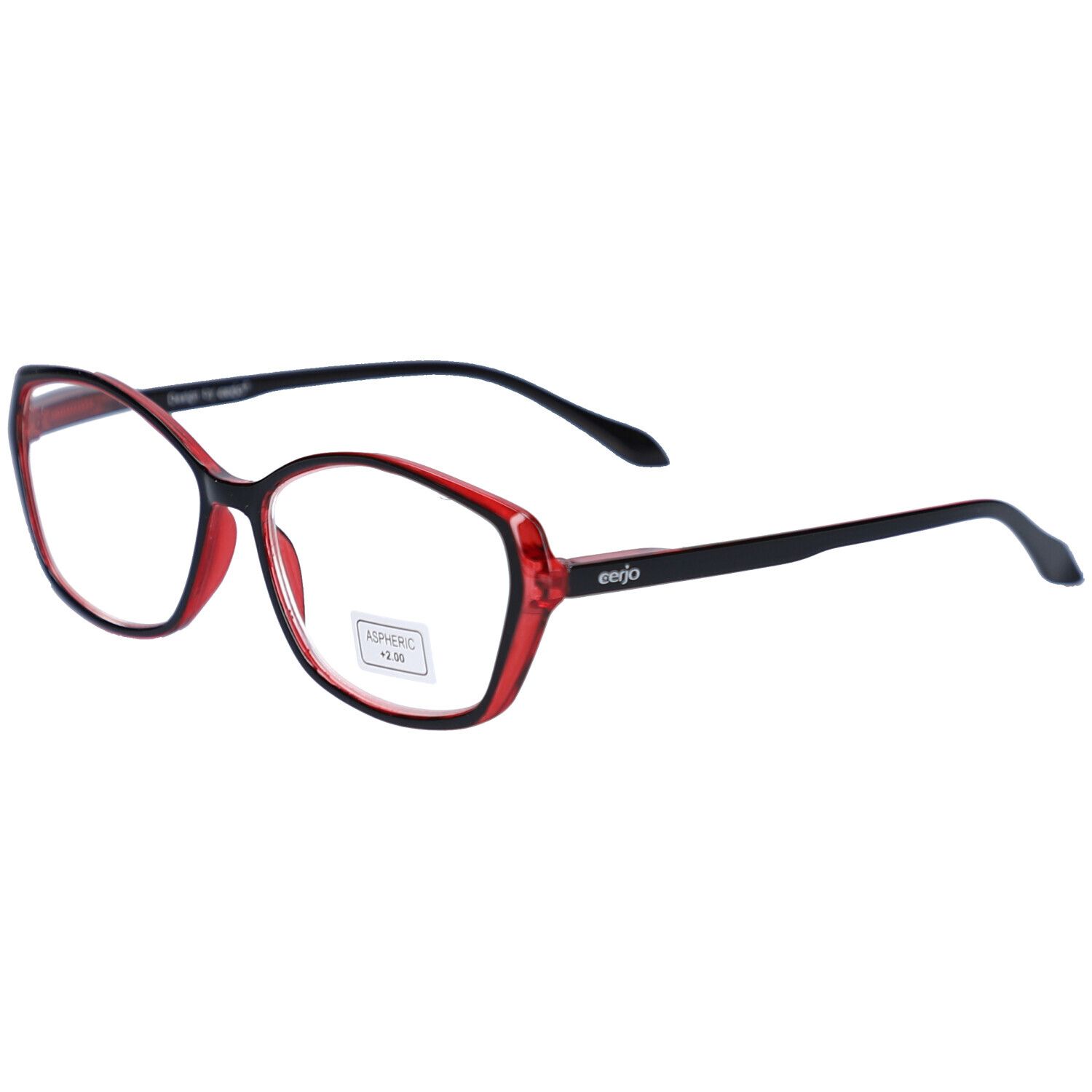 Lunettes rouges et noires. Étiquette "ASPHERIC +2.0" sur le verre.