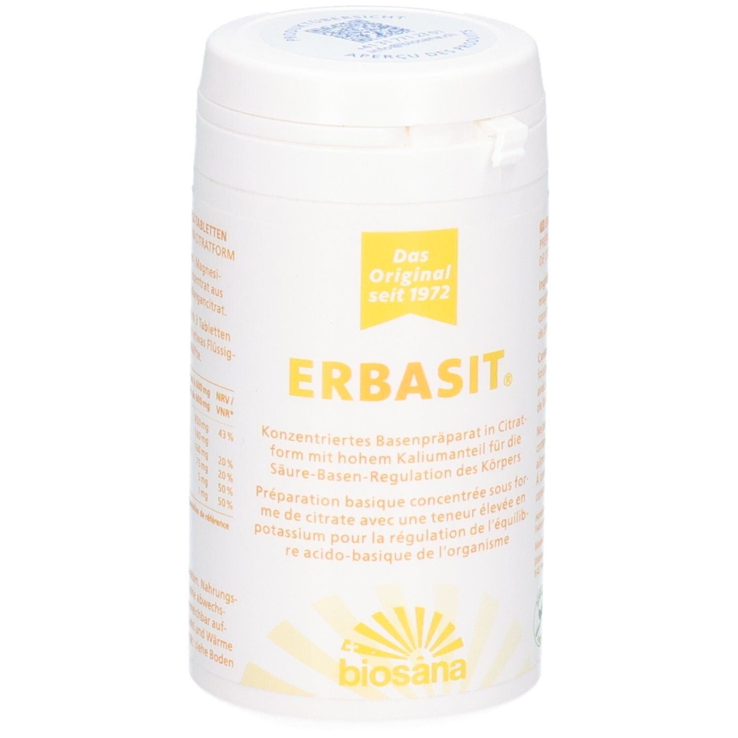 Weiße Dose mit ERBASIT Basenpräparat Tabletten. Enthält Kaliumcitrat für die Säure-Basen-Regulation. Biosana Logo unten.