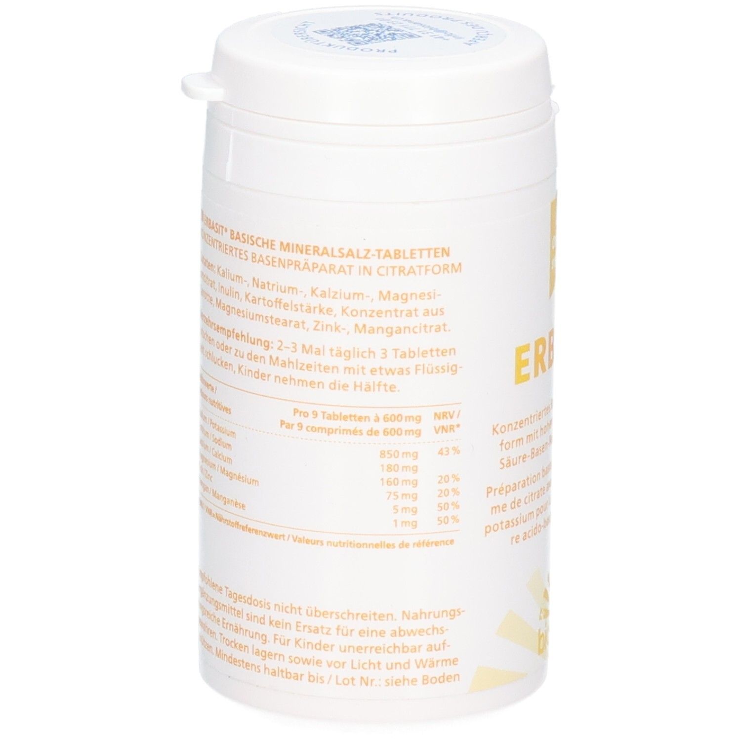 Rückseite der ERBASIT Dose mit Nährwertangaben und Zutatenliste für die basischen Mineralstoff-Tabletten.
