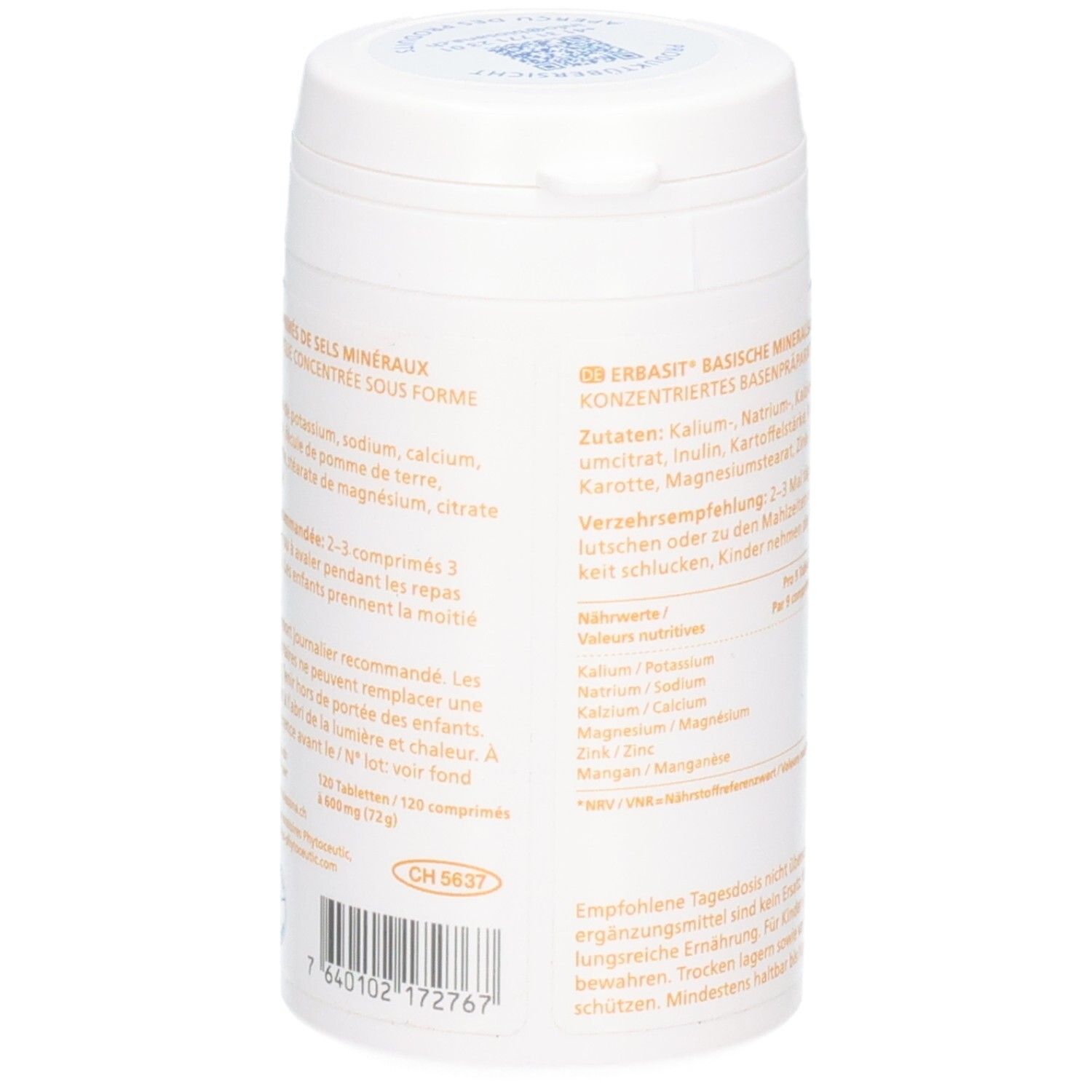 Seite der ERBASIT Dose mit Barcode und Produktinformationen in mehreren Sprachen. Enthält 120 Tabletten.