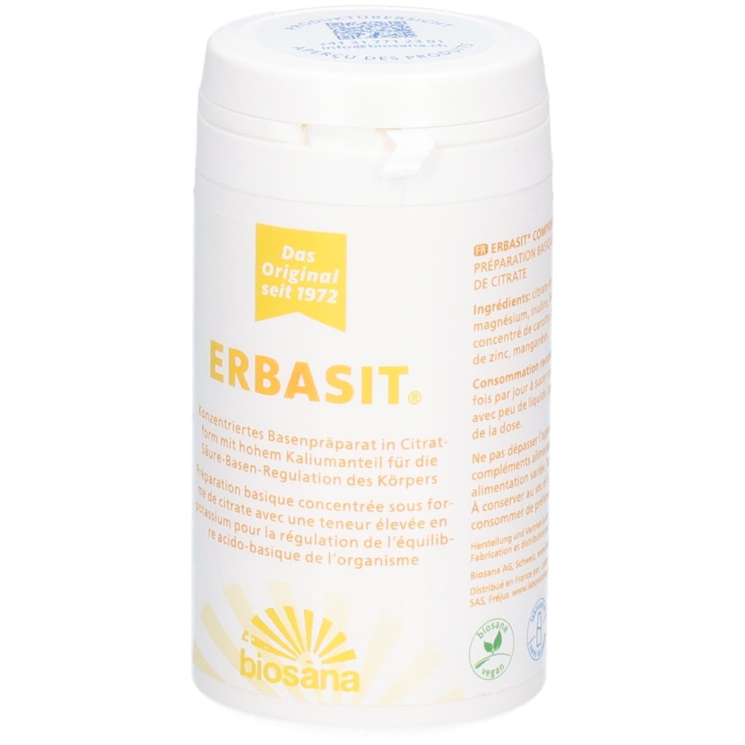 Vorderseite der ERBASIT Dose, Fokus auf das Logo und die Beschreibung als konzentriertes Basenpräparat.
