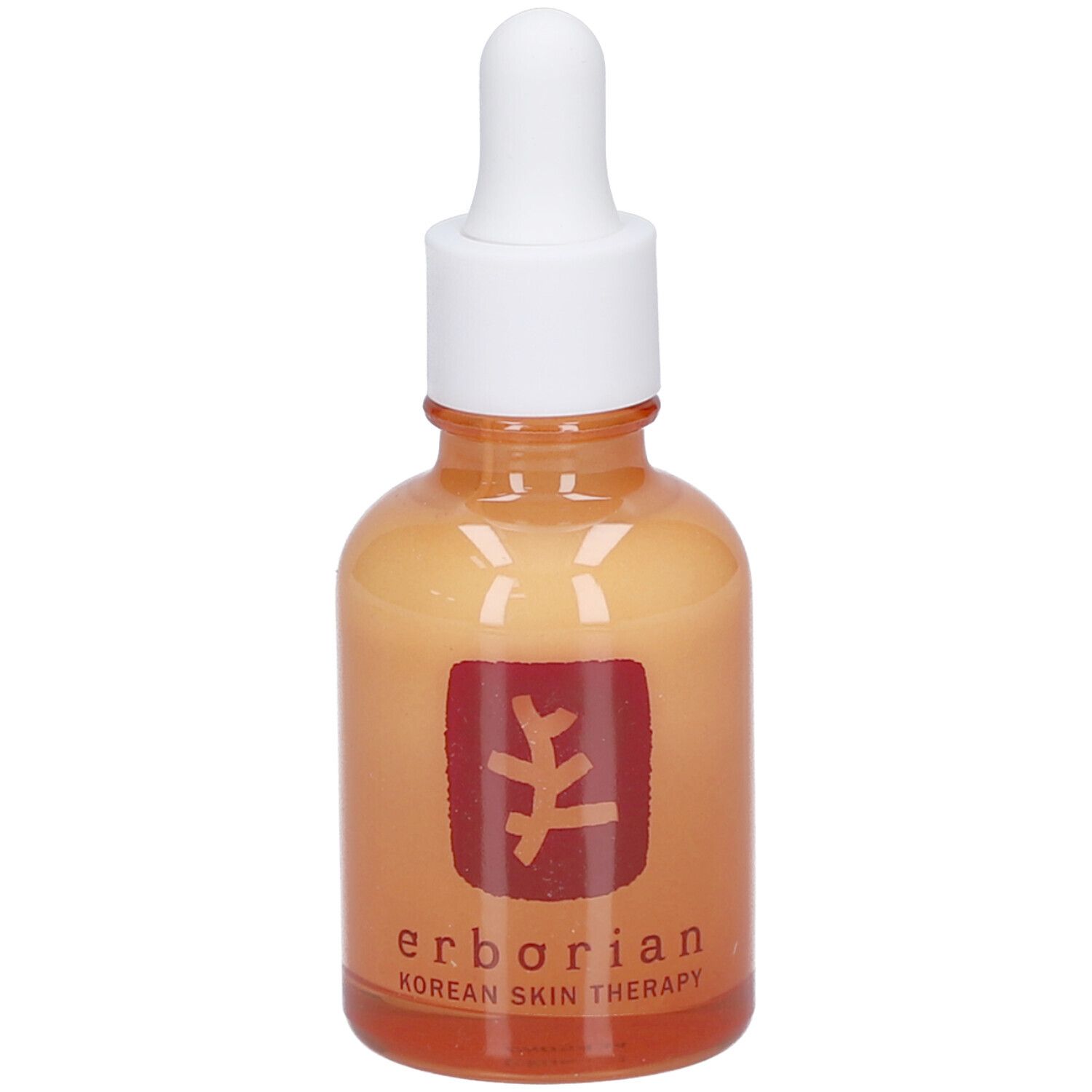 Flacon en verre orange avec bouchon blanc et pipette. Logo rouge et inscription Erborian. Soin de nuit.