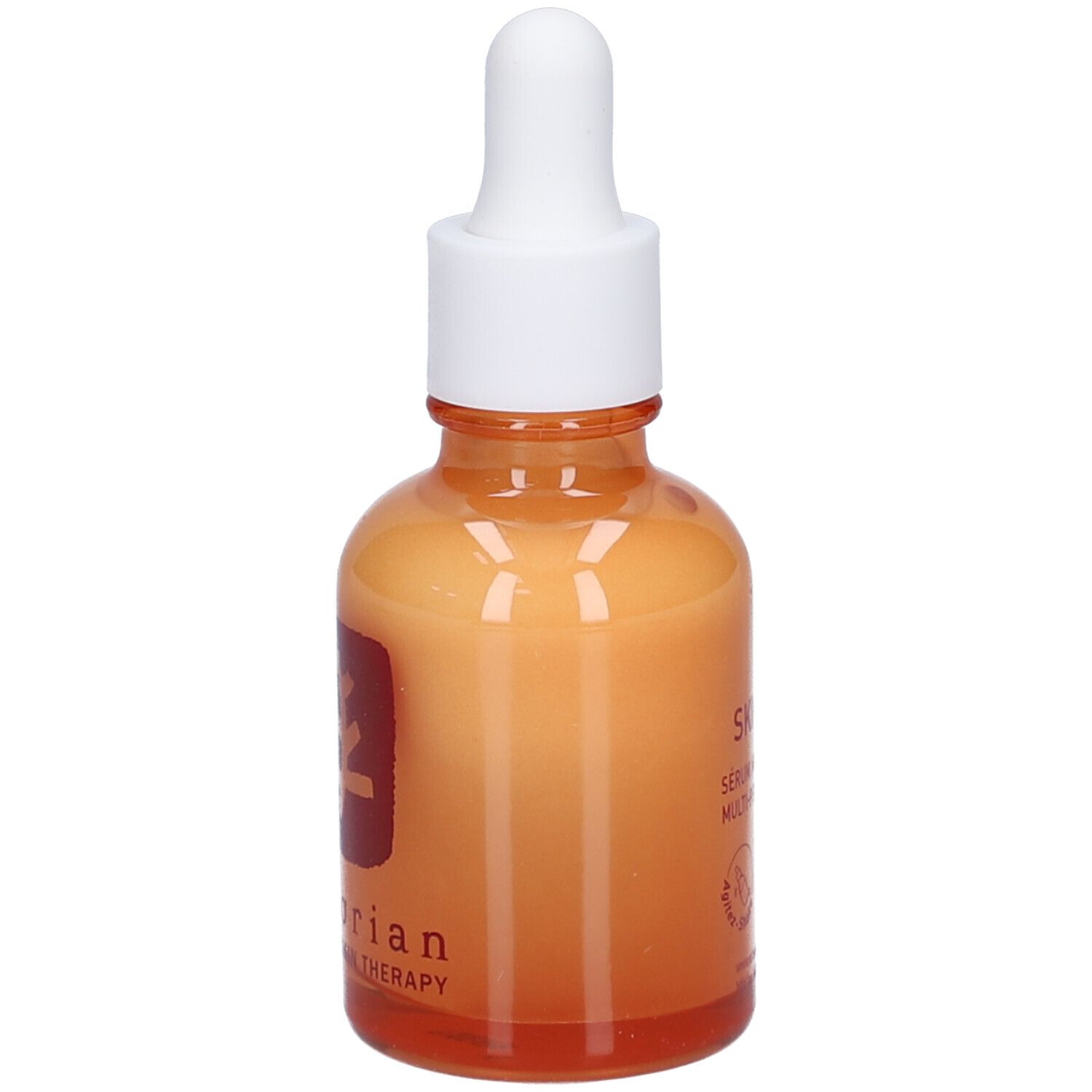 Flacon en verre orange avec bouchon blanc et pipette. Logo rouge et inscription Erborian. Soin de nuit.