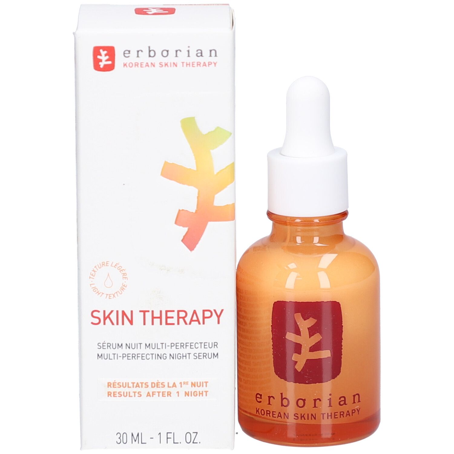 Flacon et emballage du produit. Flacon avec bouchon blanc et pipette. Emballage avec logo et nom du produit.