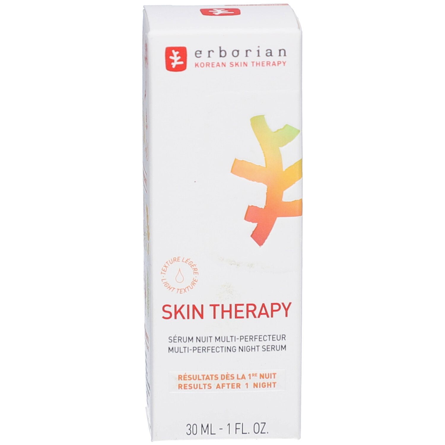 Emballage blanc avec logo et nom du produit. Inscription Skin Therapy. Soin de nuit.
