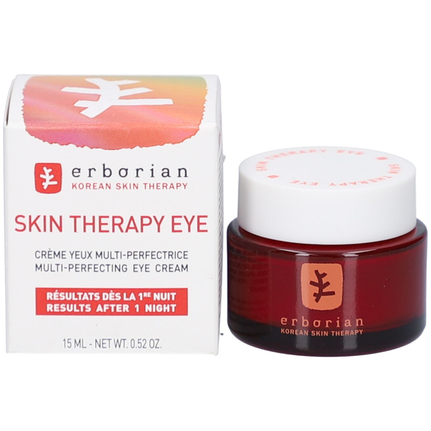 Produit et emballage. Boîte blanche avec produit. Sur la boîte, "SKIN THERAPY EYE". Sur le produit, "erborian".