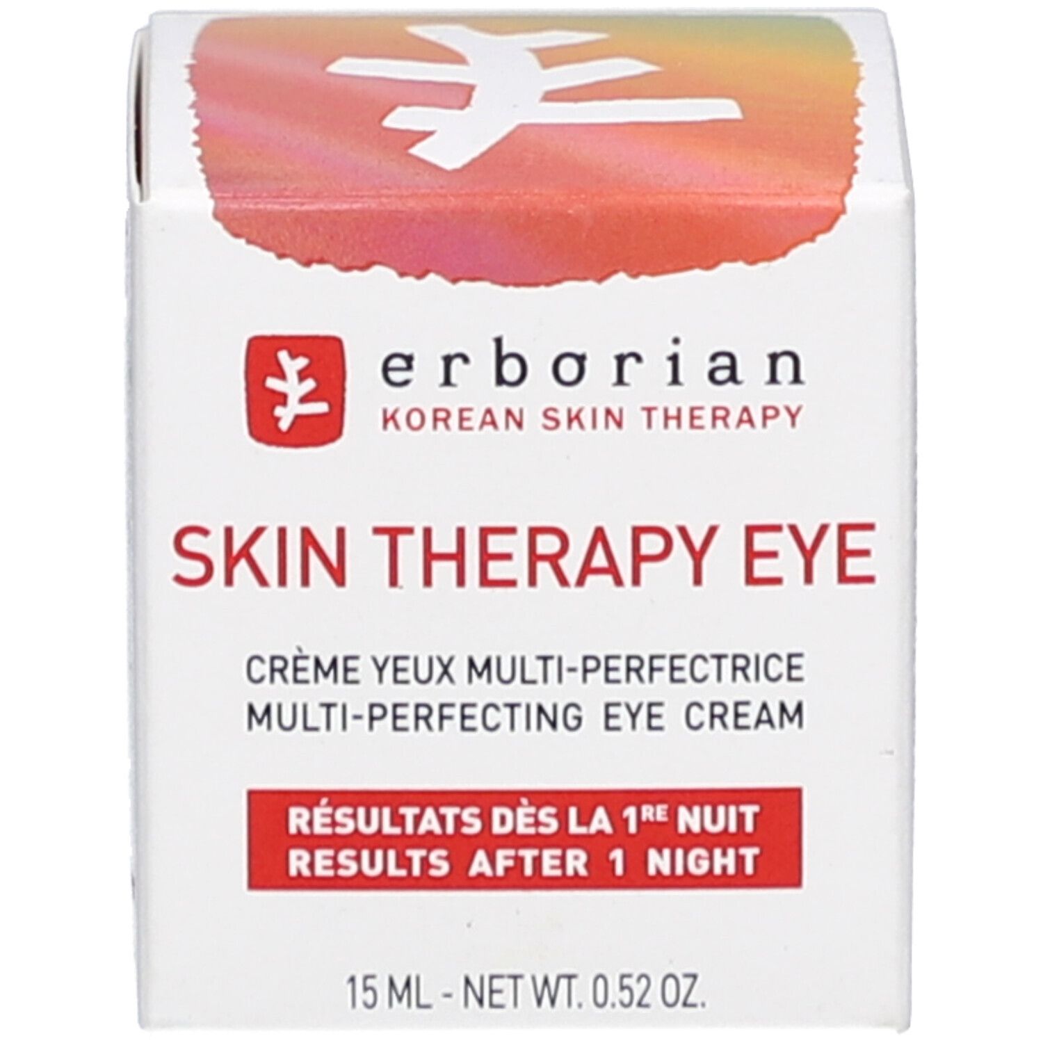 Boîte blanche avec texte: "SKIN THERAPY EYE". Sur la boîte, "erborian". Inscription: 15 ml - NET WT. 0.52 OZ.