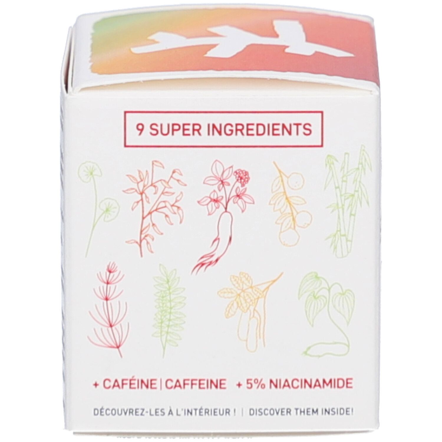 Dos de la boîte. Texte: 9 SUPER INGREDIENTS. Illustrations de plantes et d'herbes. Texte: + CAFEINE + 5% NIACINAMIDE.