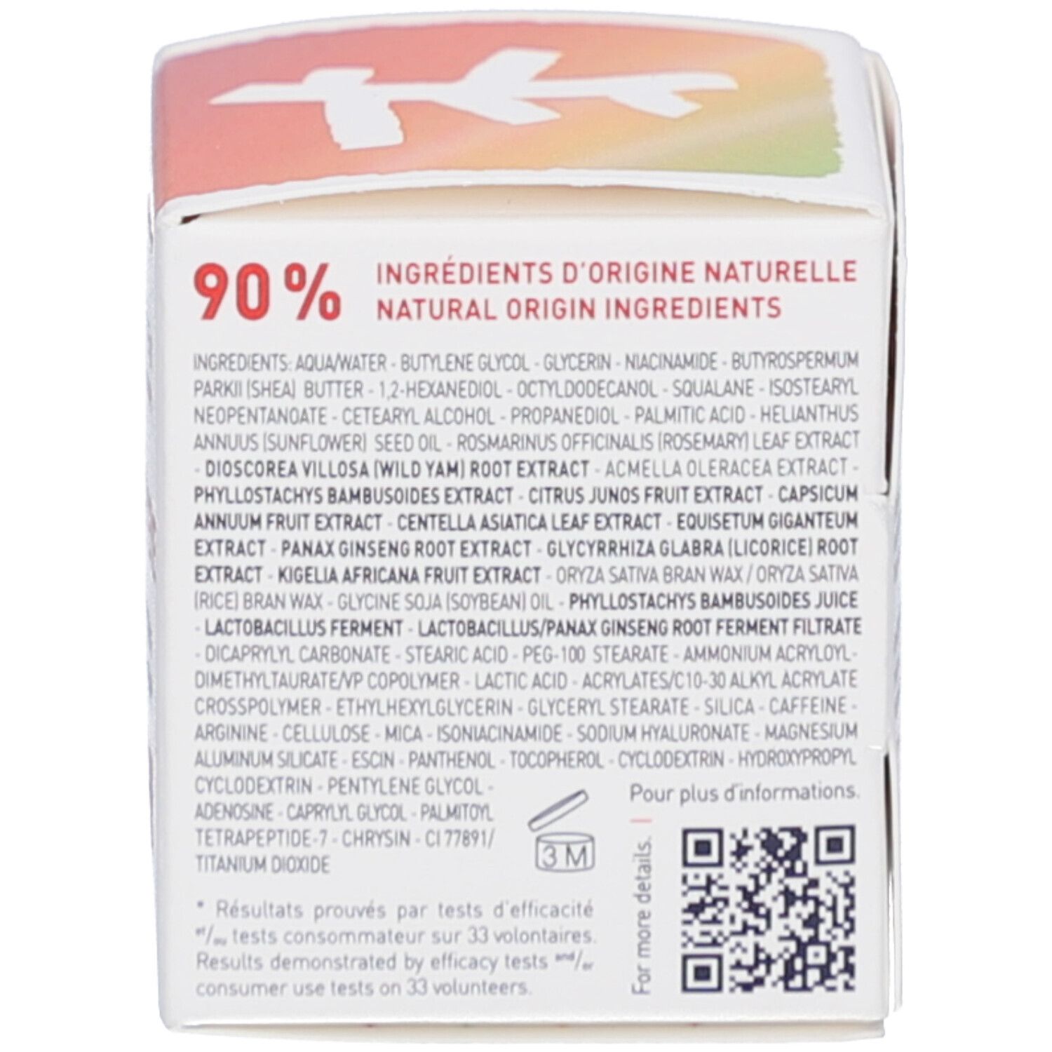 Dos de la boîte. Liste des ingrédients. Texte: 90% INGREDIENTS D'ORIGINE NATURELLE. Code QR.