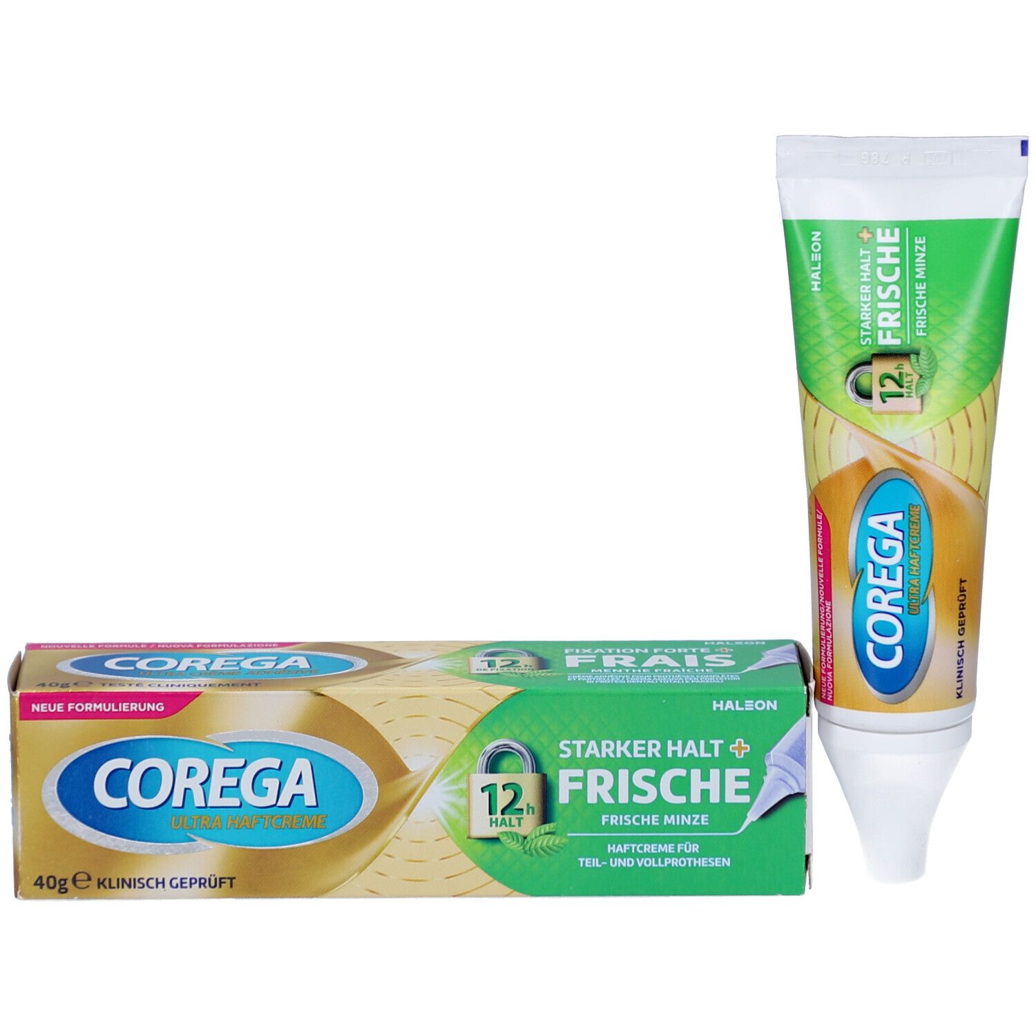 Zahncreme-Tube und Schachtel. Aufschrift: COREGA ULTRA, starker Halt+Frische, Klinisch geprüft. Grün-goldene Farben.
