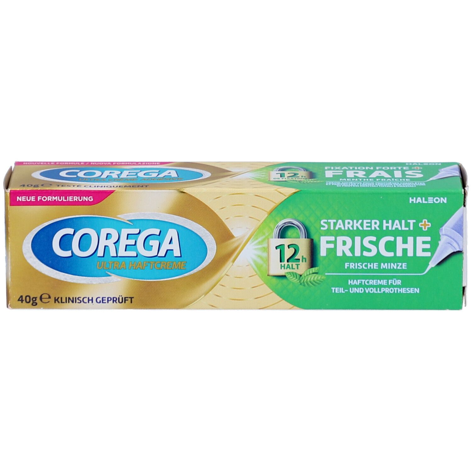 Schachtel mit Zahncreme. Aufschrift: COREGA ULTRA, starker Halt+Frische, Klinisch geprüft. Grün-goldene Farben.