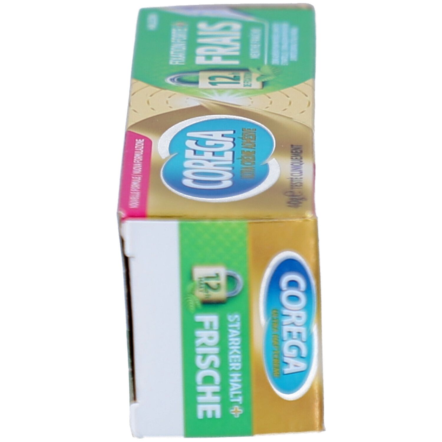 Schachtel mit Zahncreme, von oben. Aufschrift: COREGA ULTRA, starker Halt+Frische. Grün-goldene Farben.