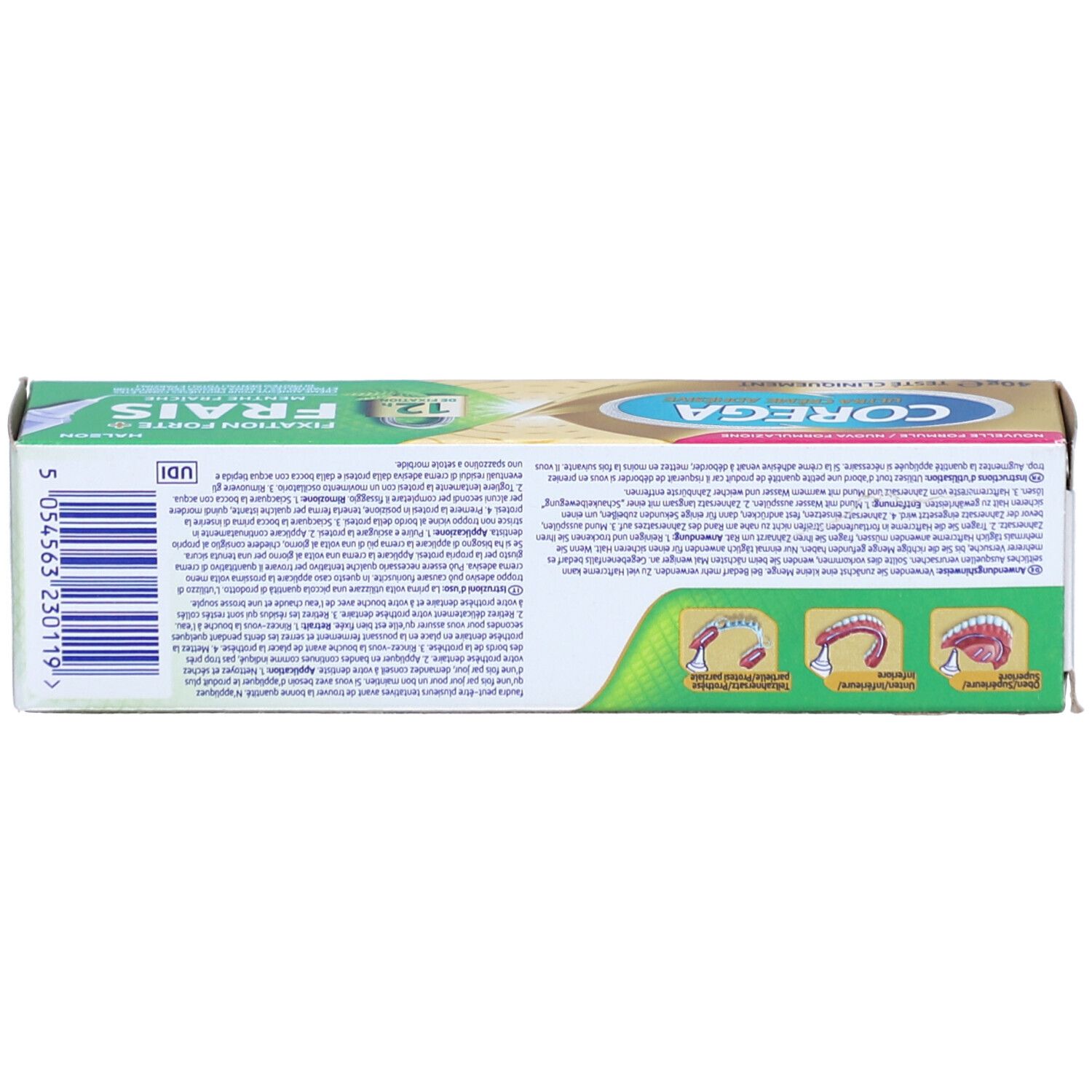 Rückseite der Schachtel mit Zahncreme. Enthält Informationen und Abbildungen. Grün-goldene Farben.