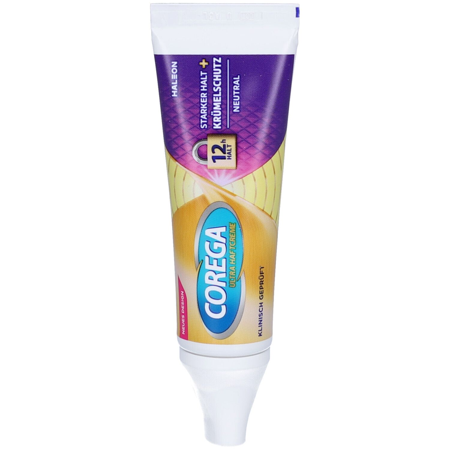 Tube de crème adhésive COREGA ULTRA. Col blanc, design violet et doré. Texte : Fixation forte + protection contre les miettes, Neutre.