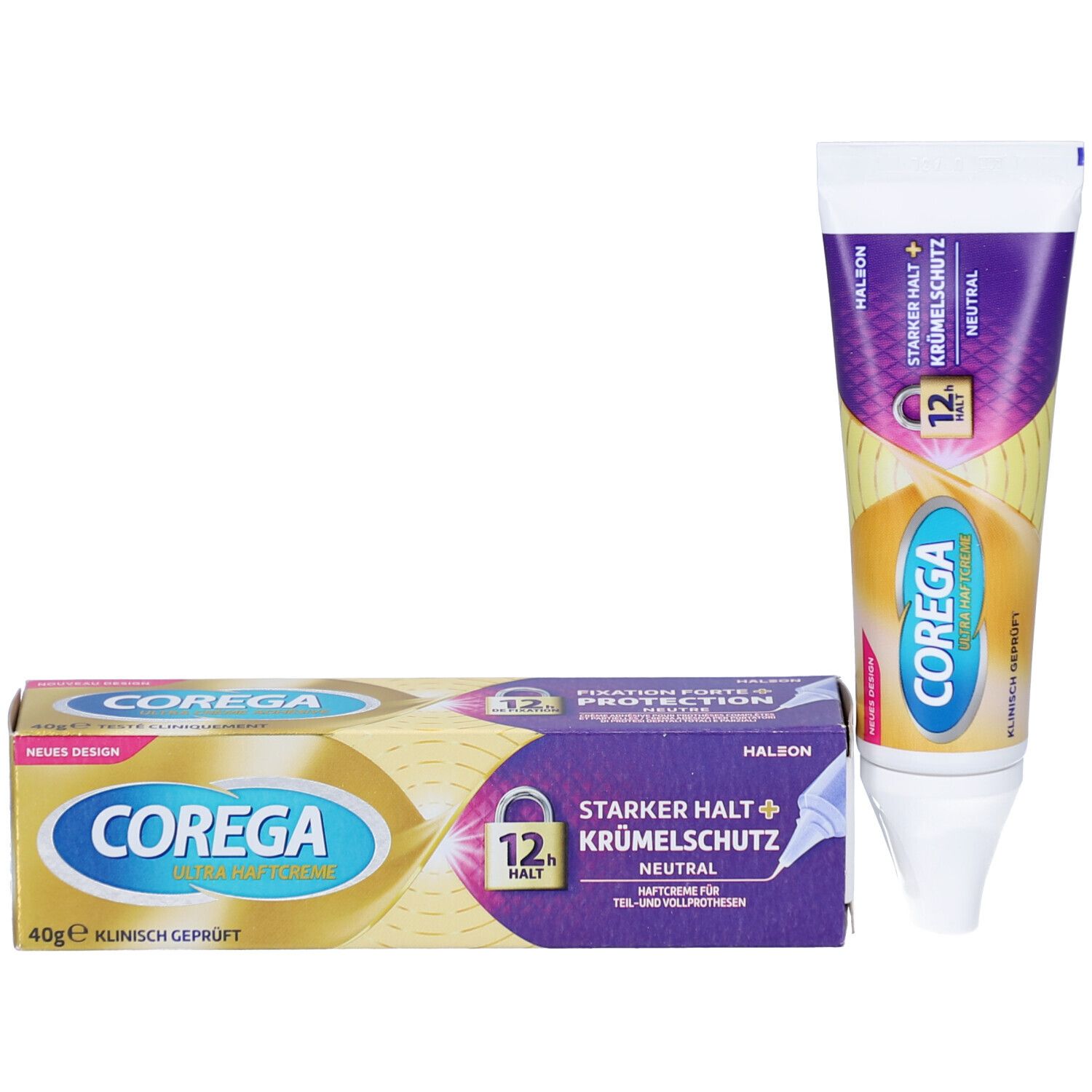 Tube et boîte de crème adhésive COREGA ULTRA. Boîte : Or, violet, texte. Tube : Blanc, violet, or. Texte : Fixation forte + protection.