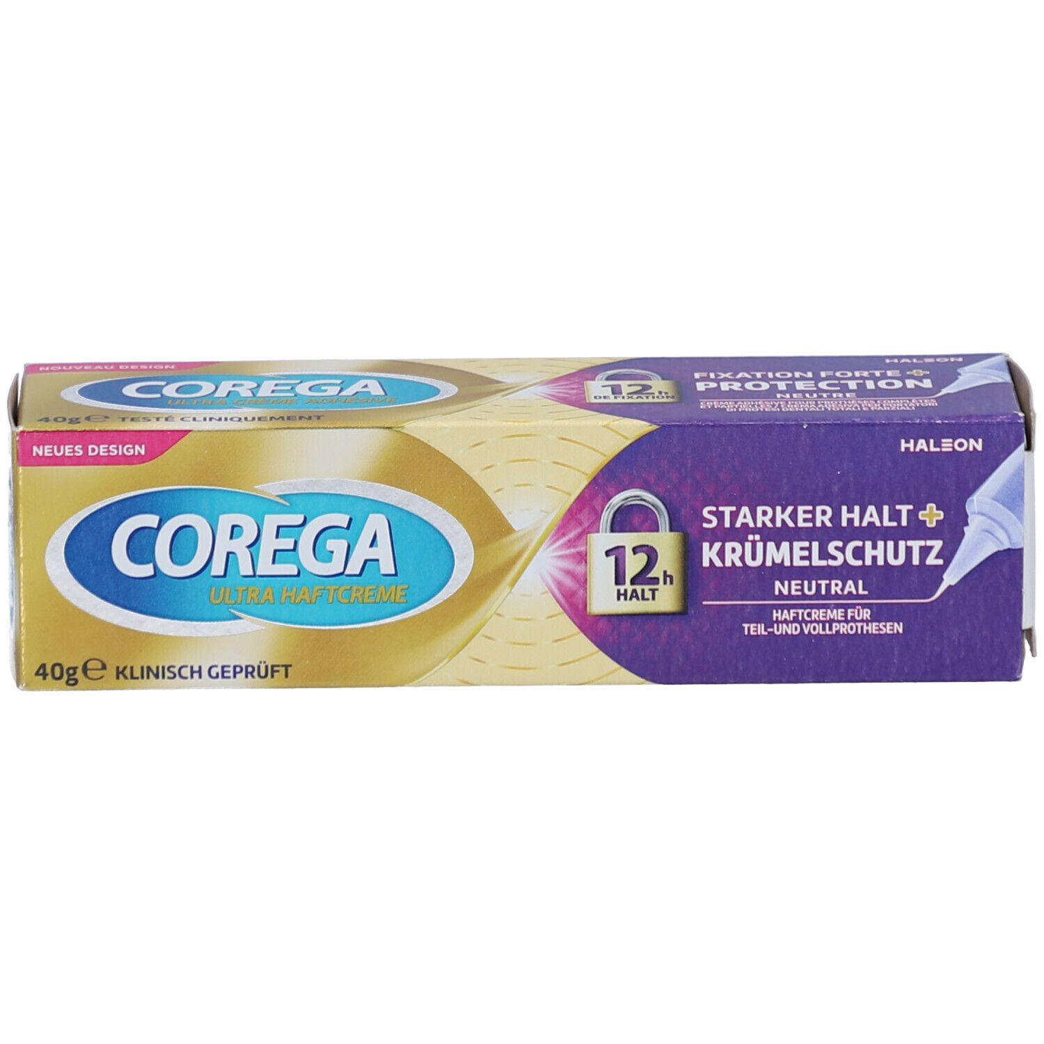 Boîte de crème adhésive COREGA ULTRA. Or, violet, texte. Texte : Fixation forte + protection, 40g, testé cliniquement. Nouveau design.